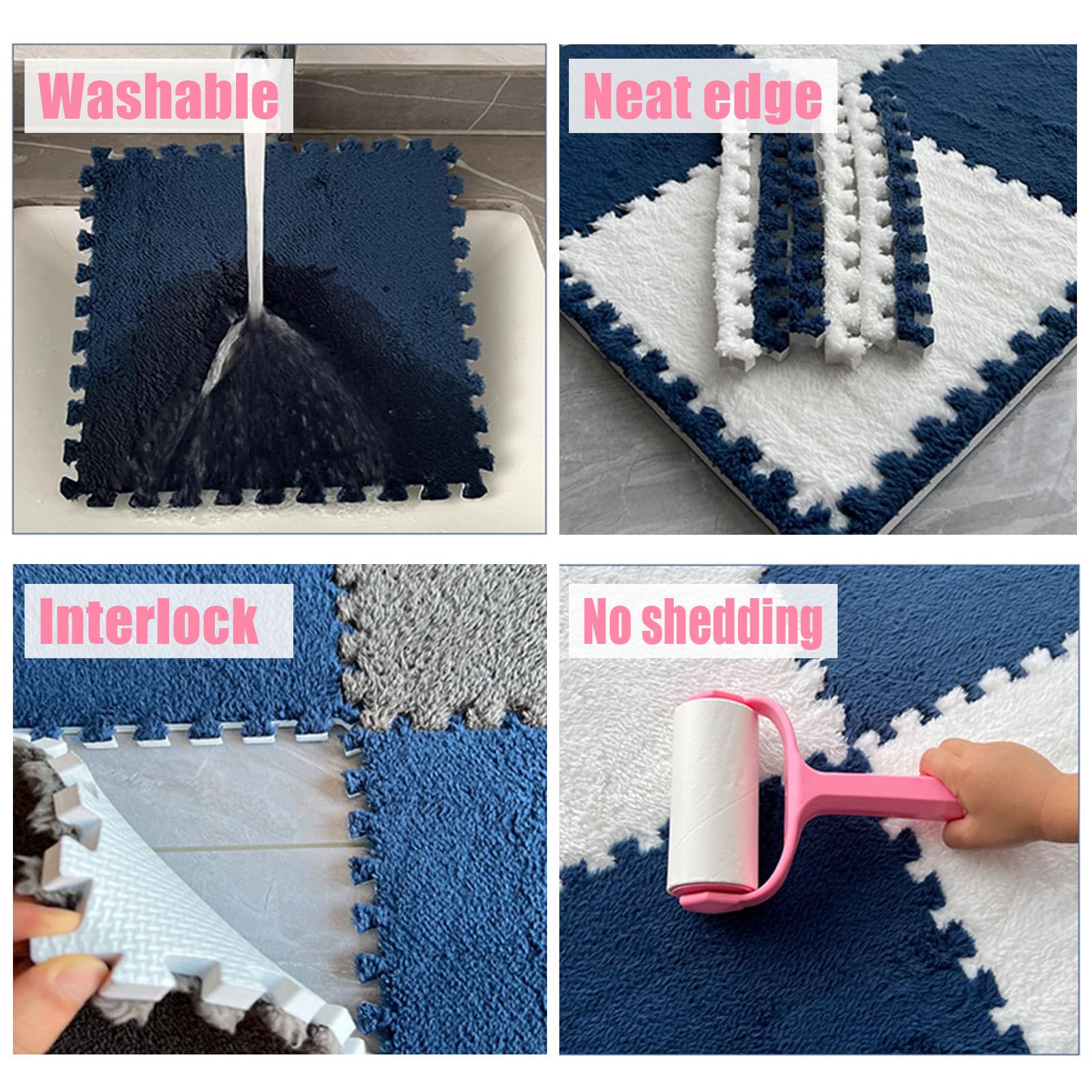 Ineinandergreifende Schaumstoff-Teppichfliesen, Plüsch-Puzzlematten für Spielzimmer und Kinderzimmer, weiche, flauschige Bodenteppiche, dicke graue und hellblaue Matten, 42 Stück für Kinderz