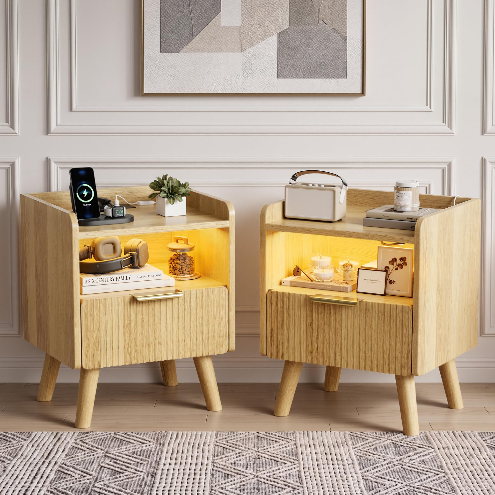 BonVache Nachttisch 2er Set, Nachttische Holz mit Schubladen und offenem Fach