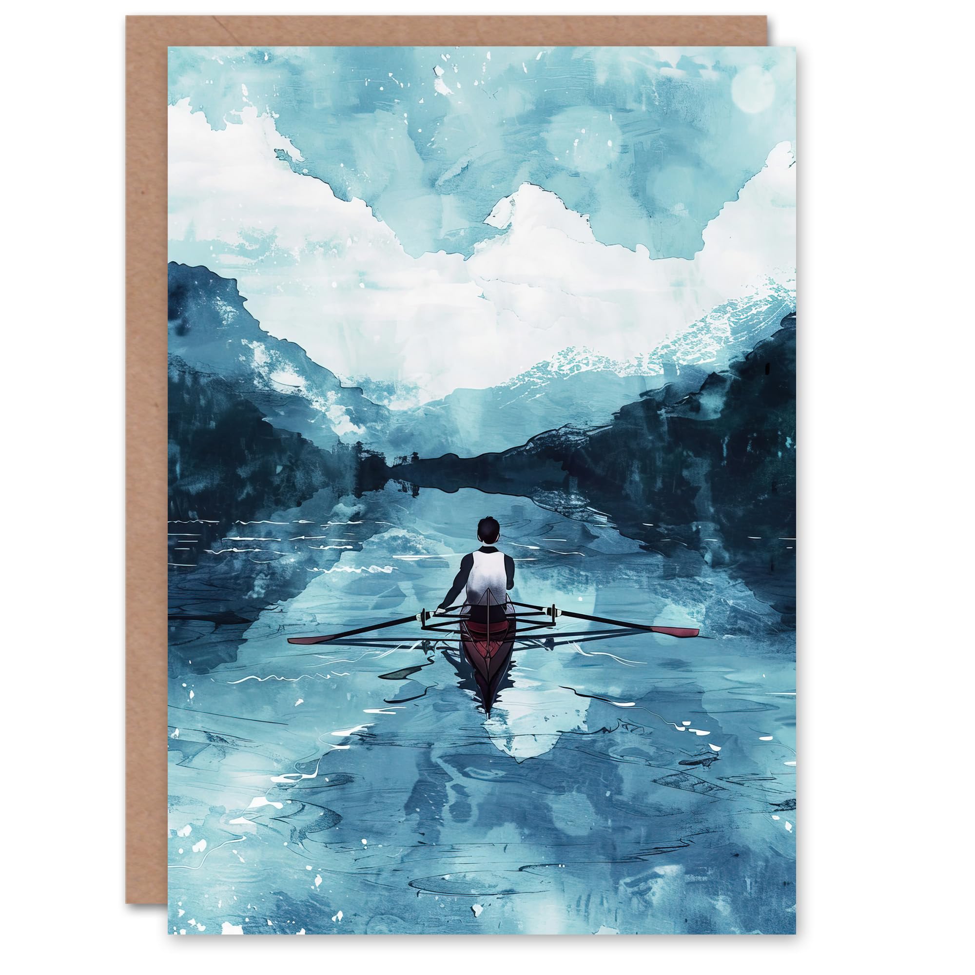 Artery8 Greeting Card Rowing Boat Blue Watercolour Coastal Landscape Blank For All Him Or Her Art Birthday Card