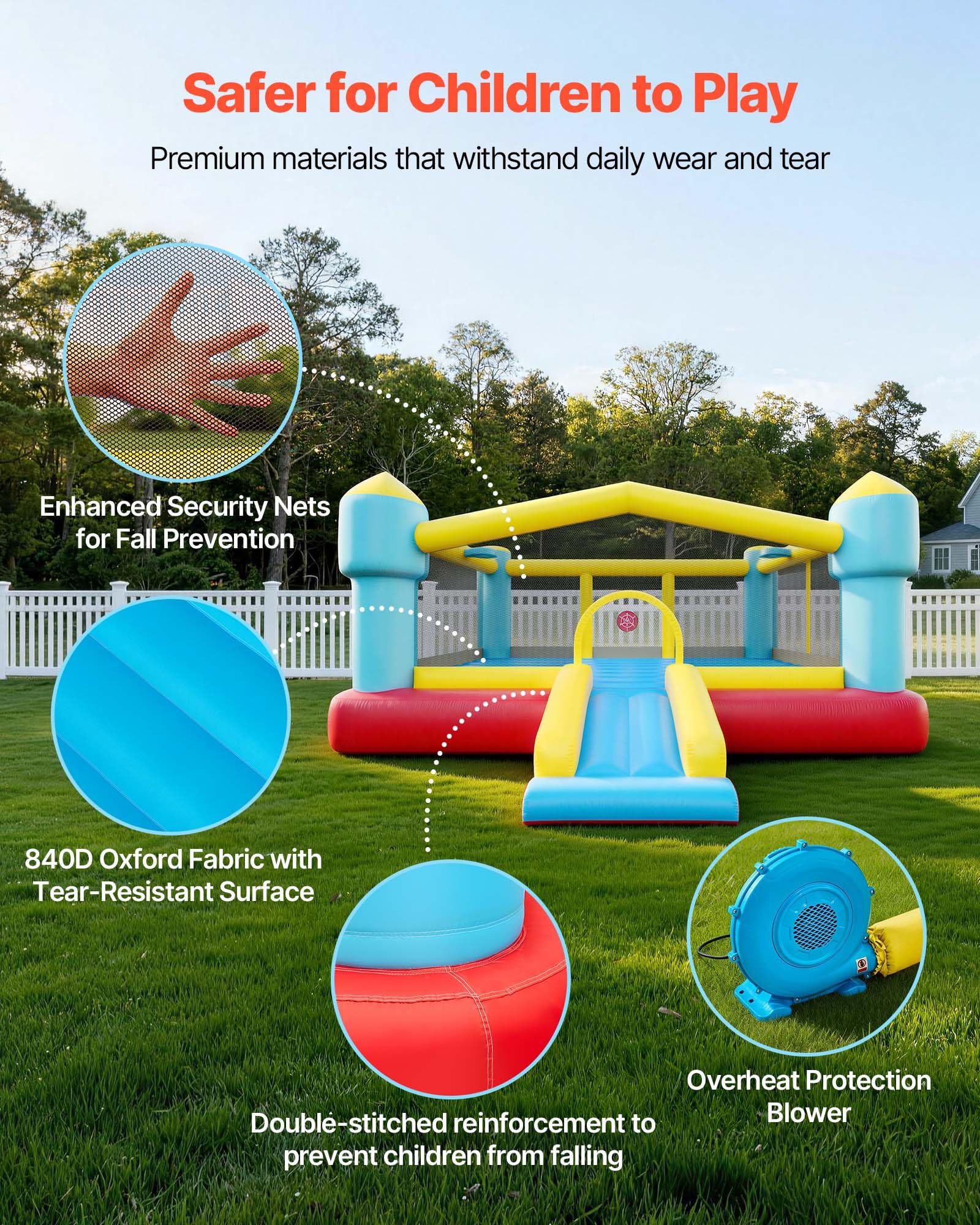 VEVOR Castillo Hinchable con Soplador 448 x 420 x 207 cm, Parque Infantil Inflable con Tobogán, Aro de Baloncesto, Zona de Salto, Baloncestos de PVC para 3 a 4 Niños de 3 a 8 Años para Patio, Jardín