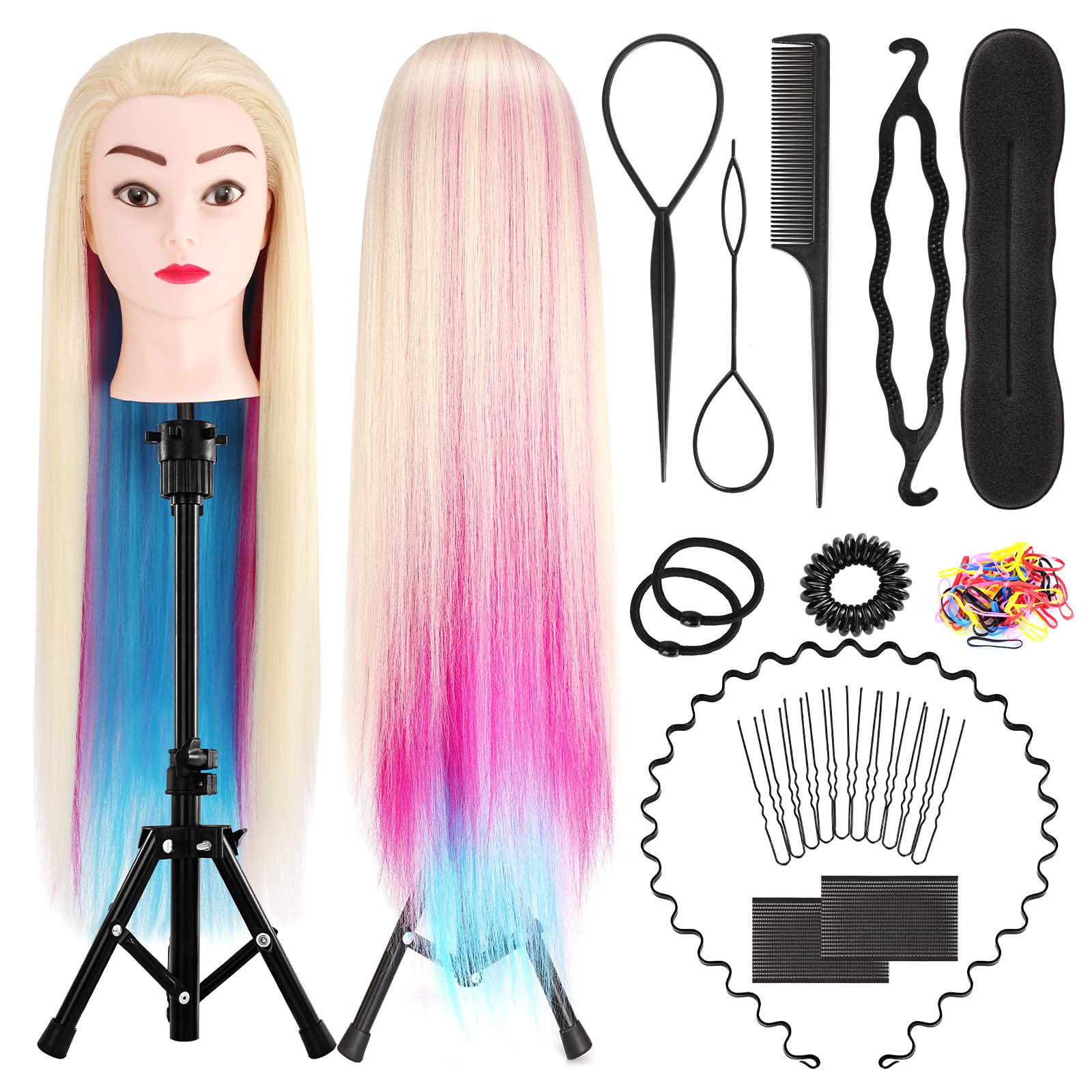 Cabeza de Peluqueria, Yofuly 26inch Cabeza Maniquí, 80% Cabello Humano, Cabeza Práctica Modelo Maniqui de Cosmetología con Abrazadera de Mesa y Juego de Trenzas de Cabello DIY Maniquí (castaño claro) — view 17