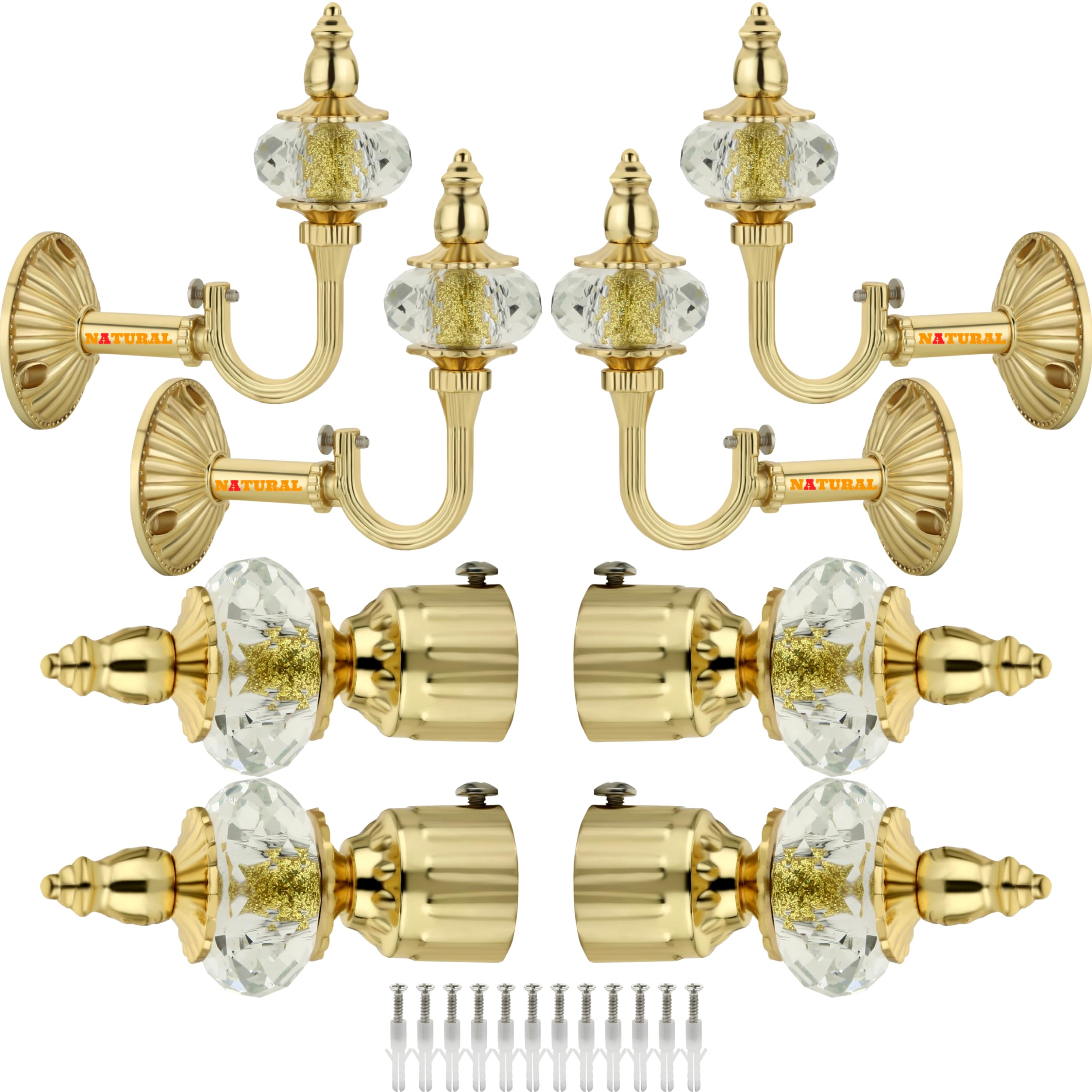 NATURAL Heavy Duty Aluminum Royal Luxury Design Curtain Bracket/Finial and Curtain Support with Screw/Wallplug for Window & Door Curtain Fittings Suitable Upto 1 Inch Pipe. (4 Set, Gold)
