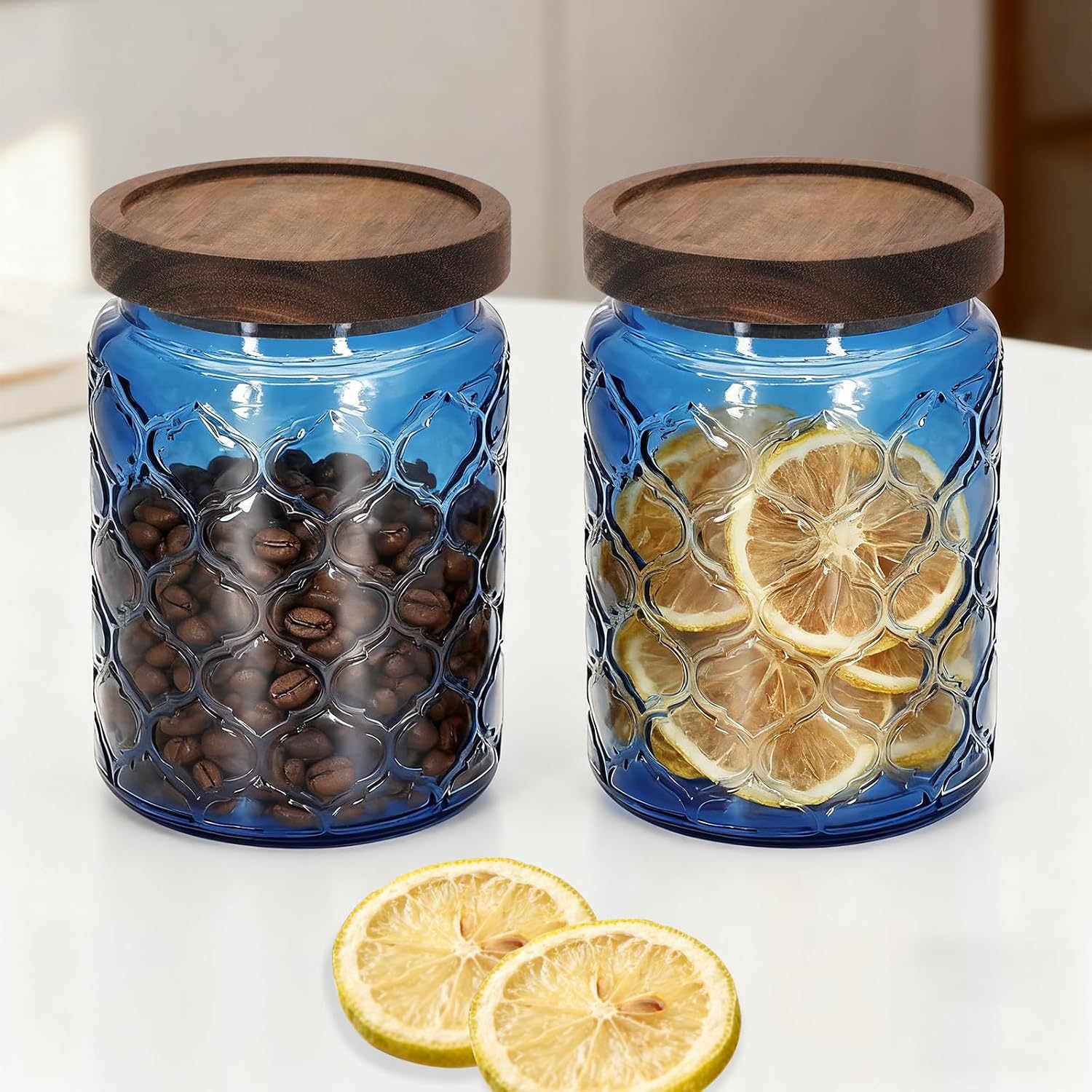 1Pc 24oz Lantern Style Vintage Glass Candy Jar with Solid Wood Lid, Kitchen Storage Canister for Sugar, Coffee, Tea, Cookies, Bath Salt - Decorative Mason Jar (1, Blue, 24oz) image 4