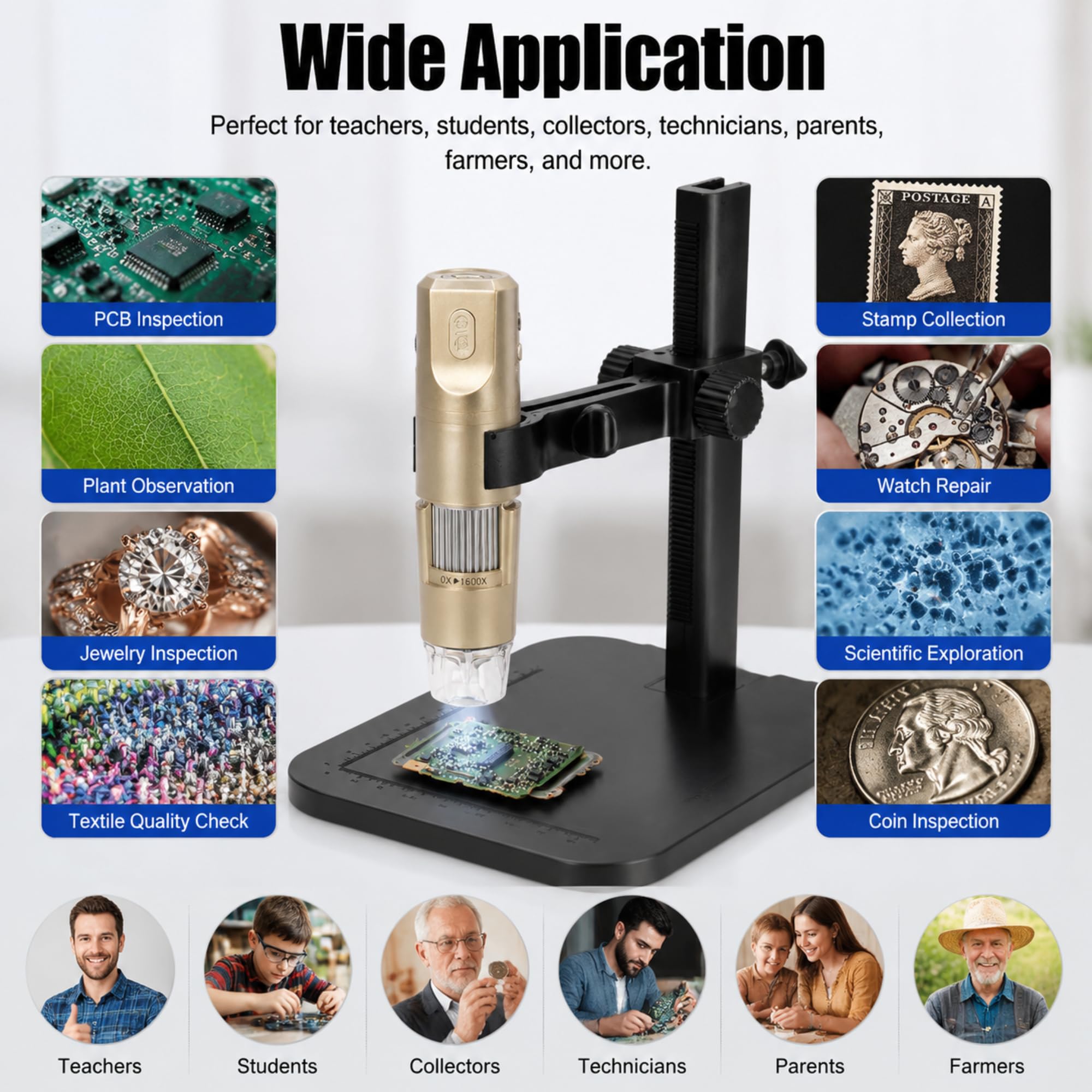 Microscopio Digital USB 1600X WiFi Microscopio de Aprendizaje Inalámbrico Fotografía y Grabación 1080P, con 8 LED y Soporte Ajustable para Profesores, Estudiantes, Colecci