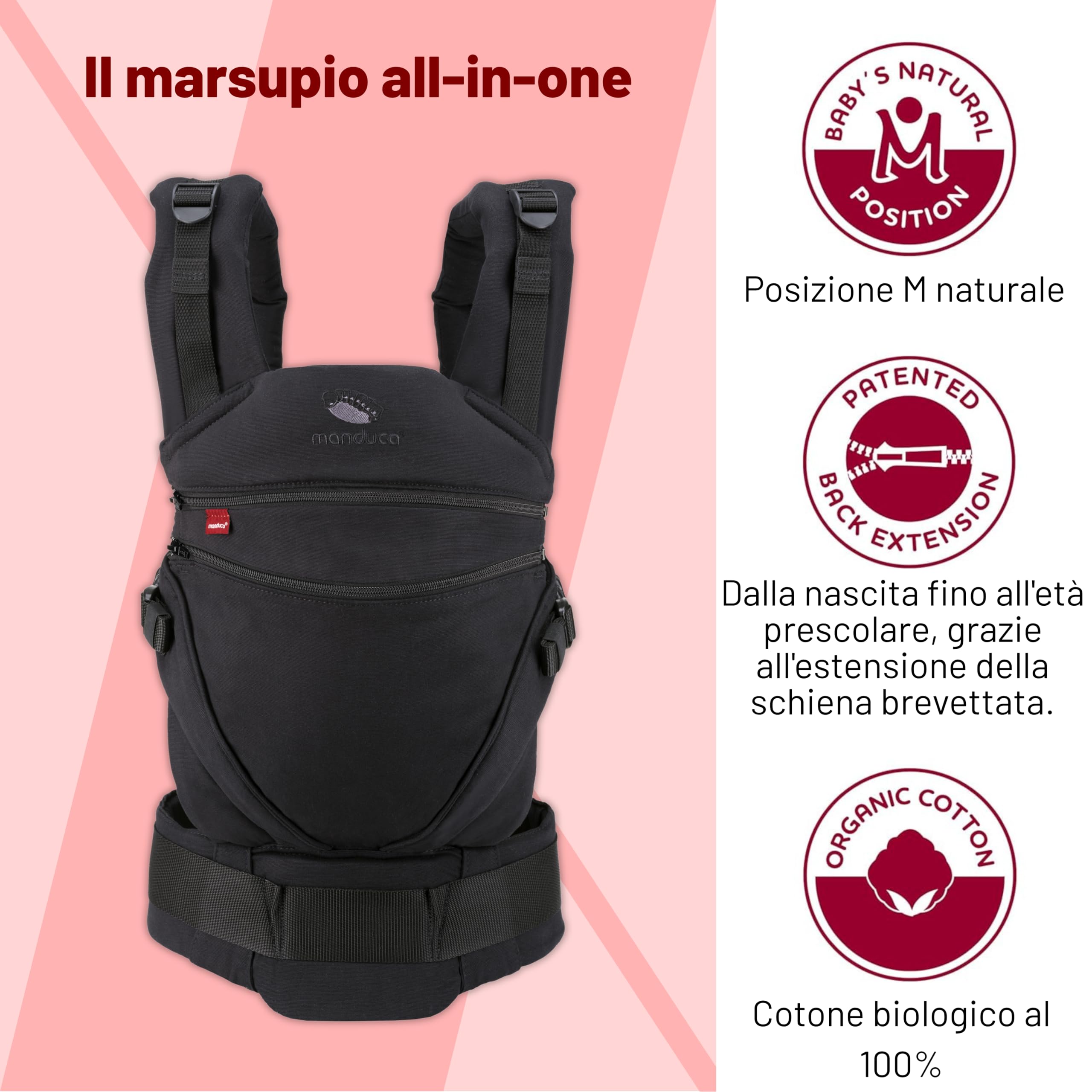 manduca XT - Zaino per neonati espandibile, per neonati e bambini piccoli, in cotone biologico, per porteo anteriore, fianchi e schiena, Monochrome Obsidian