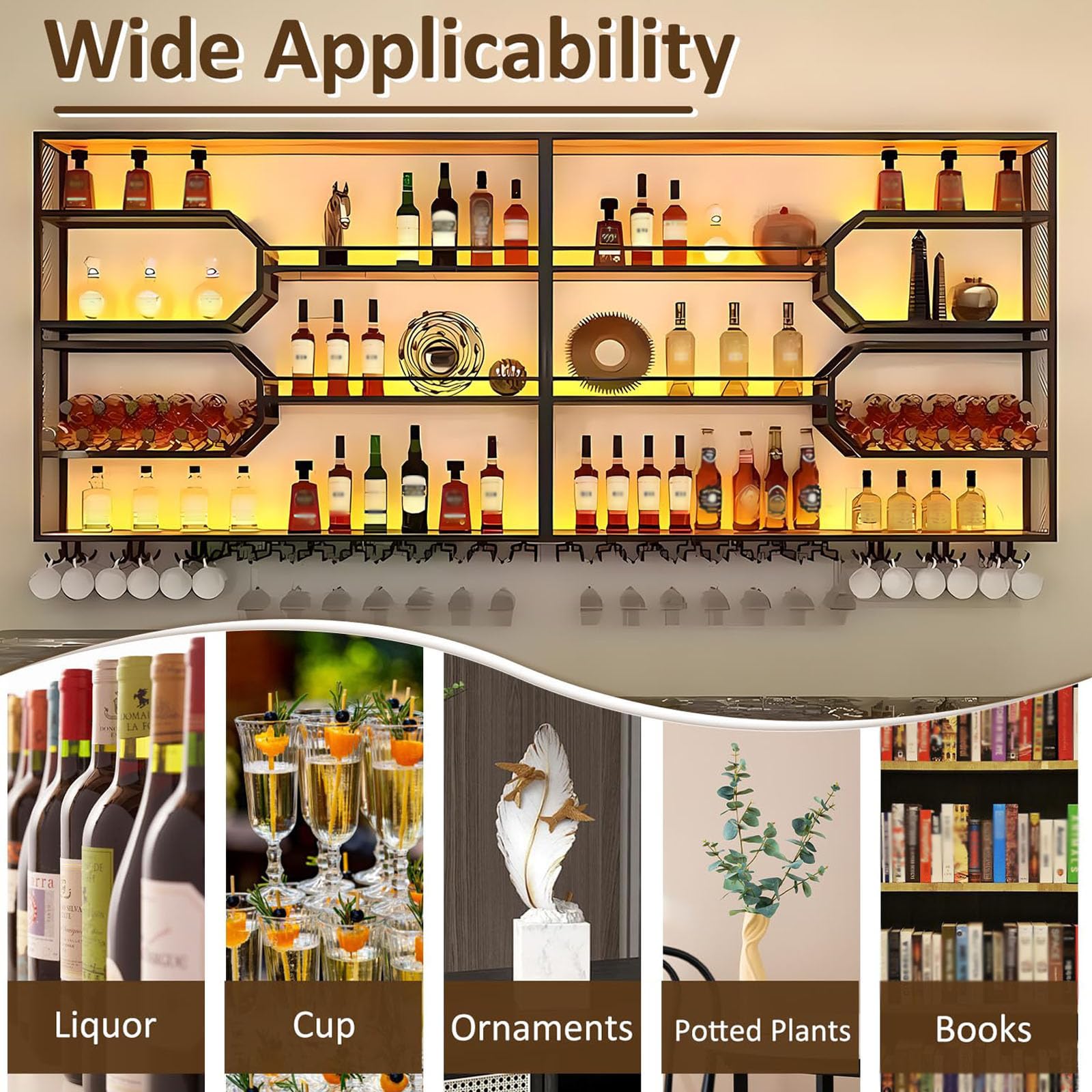 Modernes Wand-Weinregal, 3 Schicht Hängend Bar Regale Aufbewahrung mit Glashalter, Metall Wand montiert Wein Display Rack für Bars Restaurants und Küche (Schwarz, 300cm)