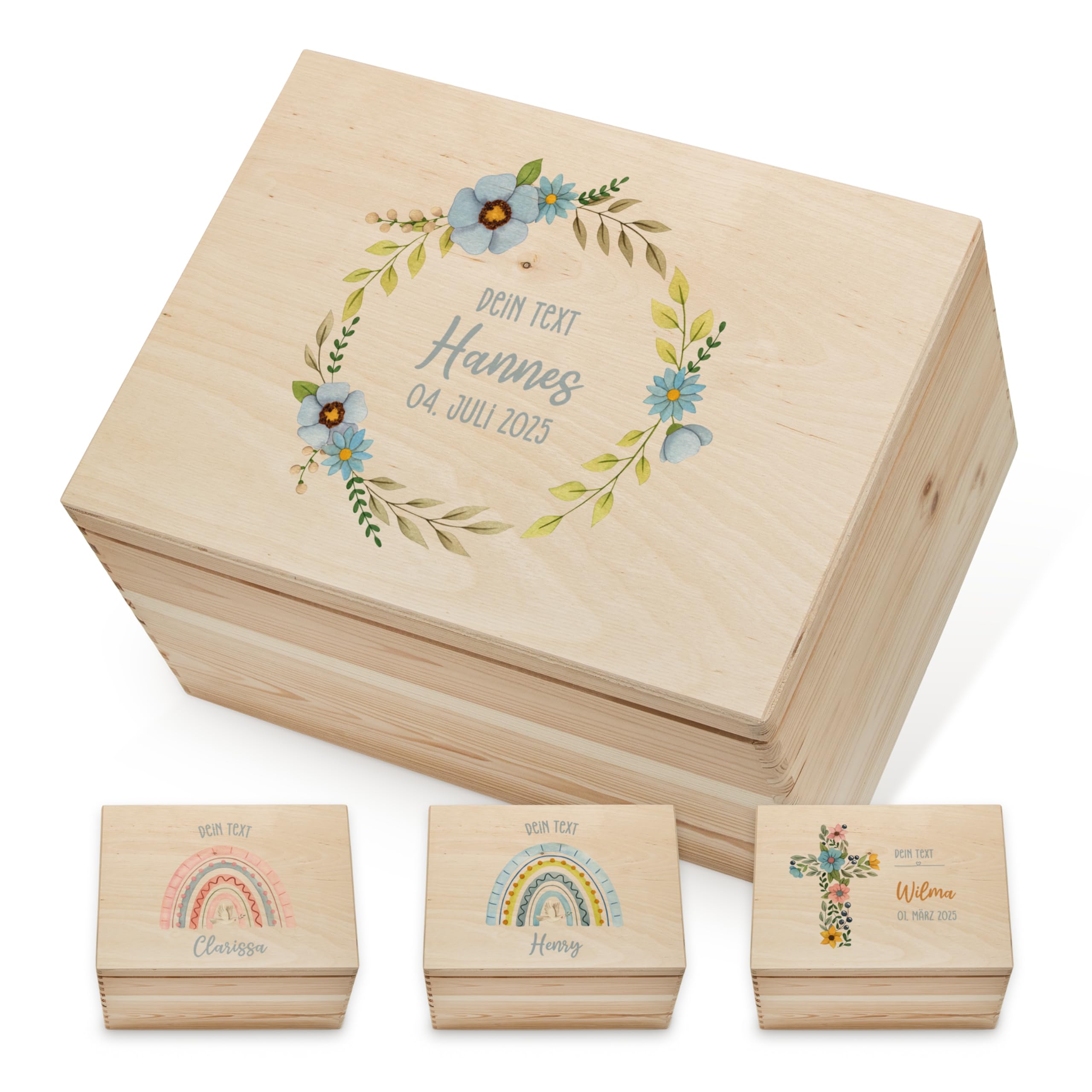 Lilletå ® Erinnerungsbox Taufe (001.09) - Blumenkranz - Erinnerungskiste Baby - Hochwertigem Farbdruck - Kind Erinnerungsbox Holz - Geschenk Geburt Mädchen Junge