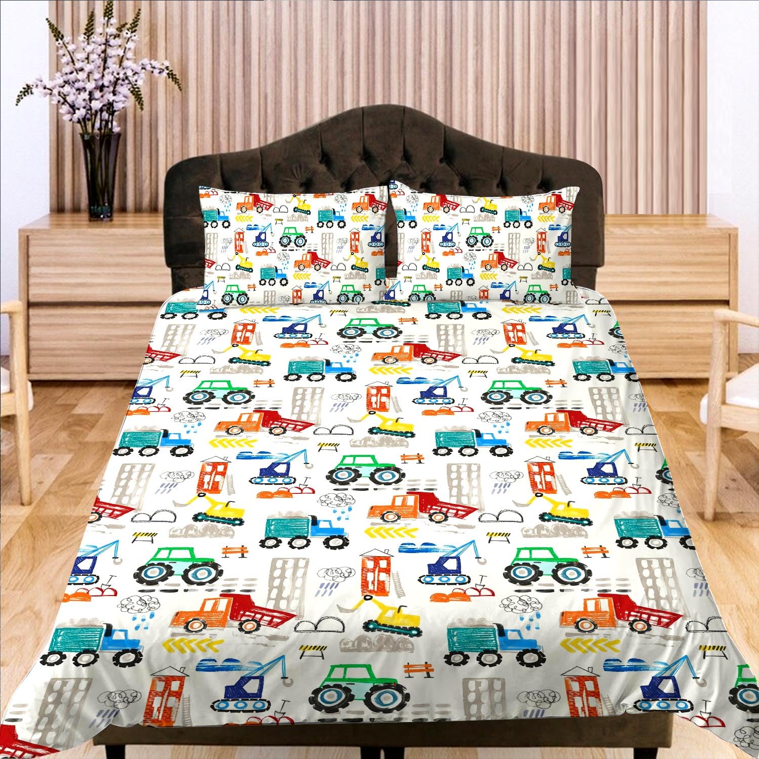 SHROUDEX Children's Bed Linen 135 x 200 cm, Cartoon Toy Car Bed Linen Microfibre Duvet Cover Set, Watercolour Cartoon Bus Children's Duvet Cover for Children, Boys, Girls (2, Single 135 x 200 cm)
