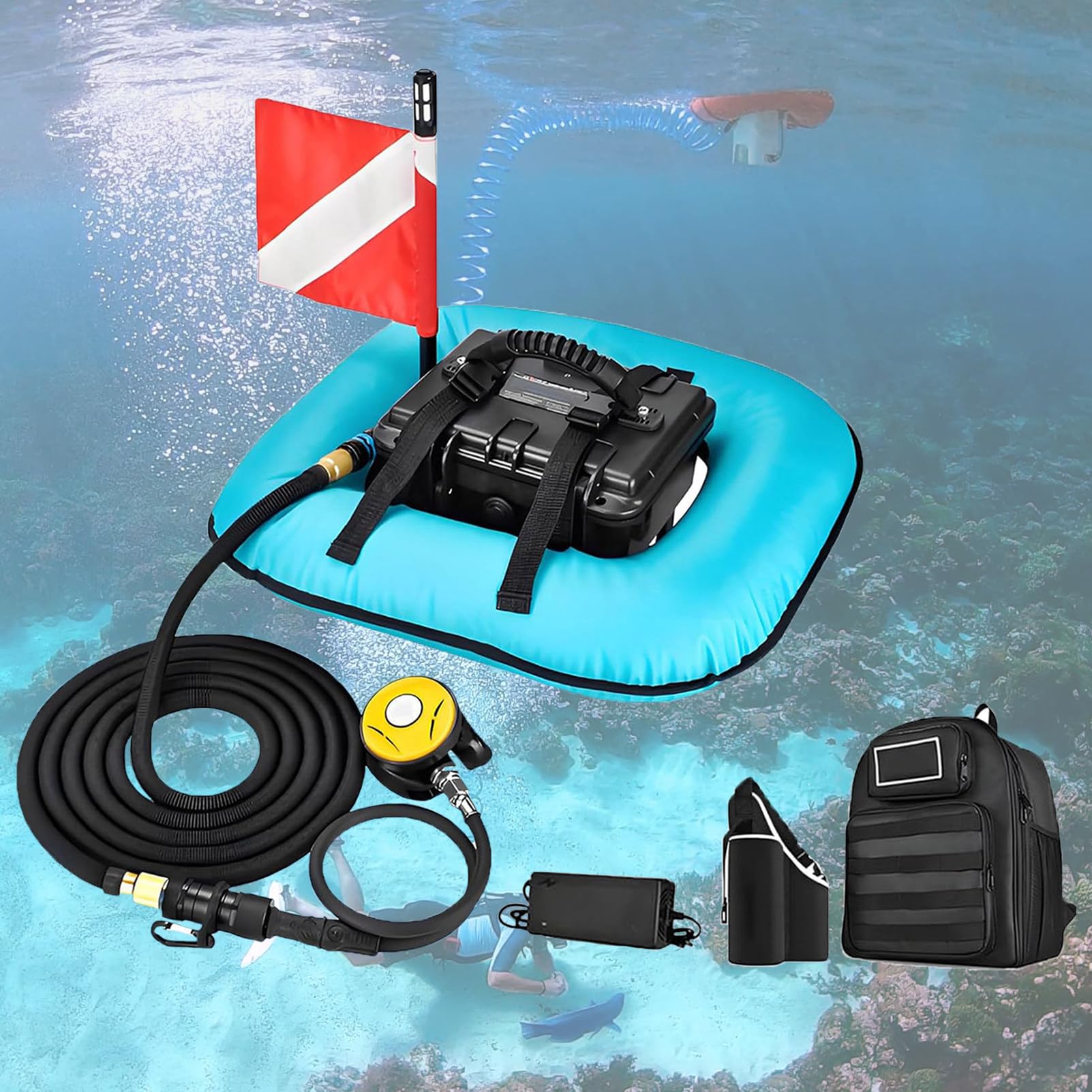 NzEupno Diving Tanks Underwater Breathing Ventilator, Scuba Diving Ventilator System, 52L/min Without Tank Oxygen Portable Device, Waterproof Air Compressor Blue-1Battery