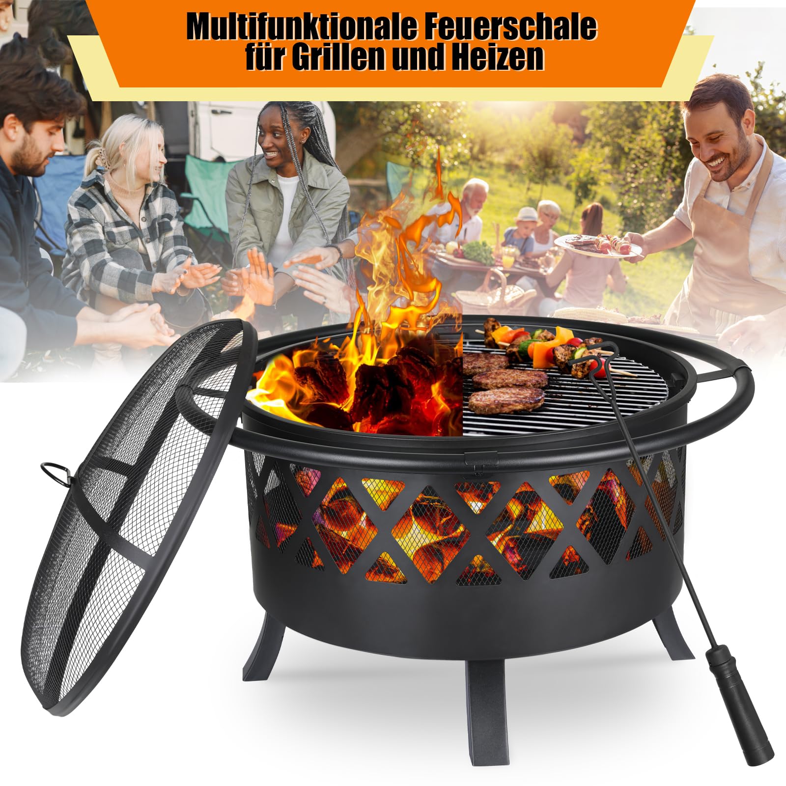 TLSUNNY Feuerschale, Feuerschalen für den Garten, Ø 81cm Feuerschale mit Funkenschutz und Schürhaken, Feuerkorb mit Grillrost(Ø 58cm), BBQ Feuerstelle Outdoor, für Gartengrills, Campingheizung, Groß