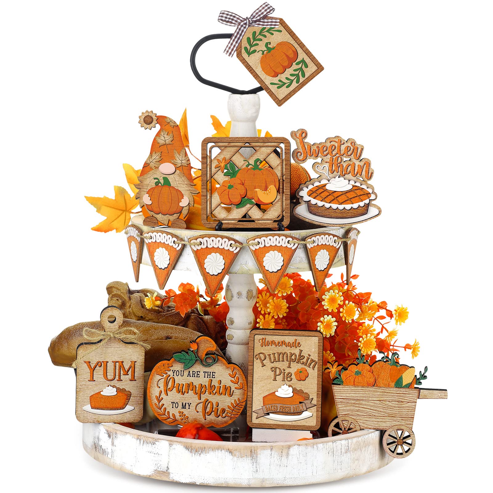 Plateau à étages d'automne BBTO avec 13 décorations en bois de Thanksgiving