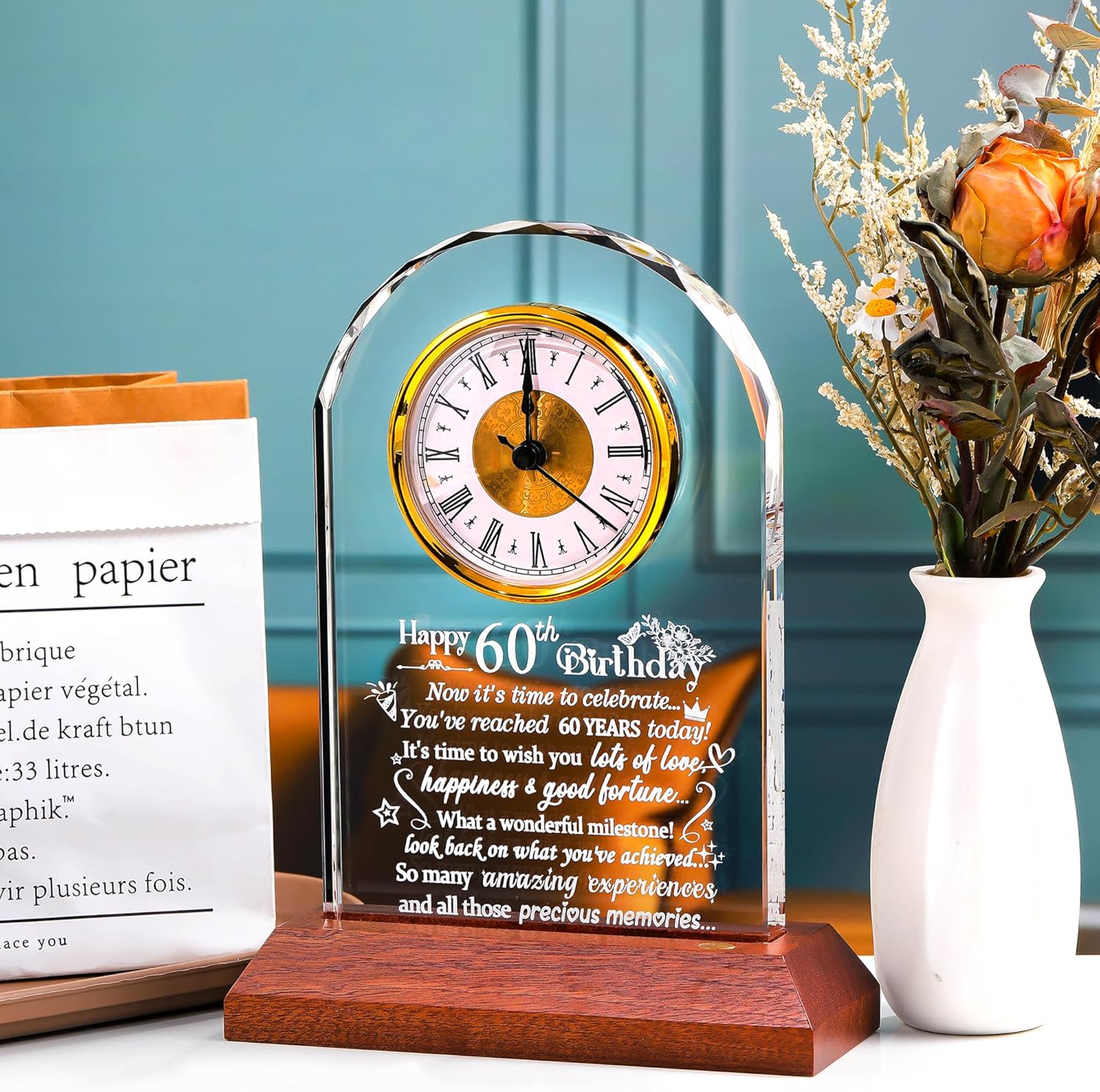 Happy 60th Birthday Quartz Clock Gifts for Men Women, 60 Years Old Birthday Present for Parents Mom Dad, 60th Birthday Gift for Couple, Quartz Clock with Wooden LED Light Base - Image 2