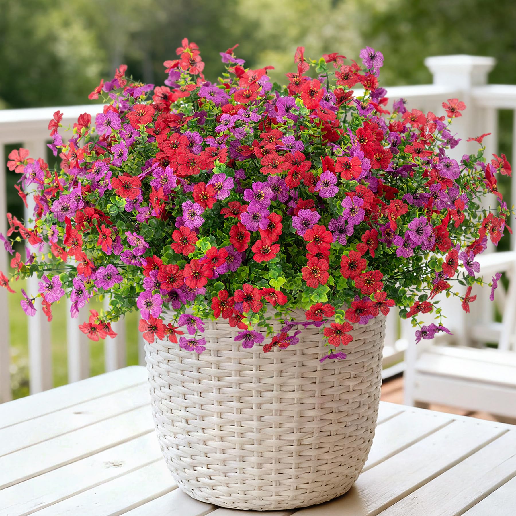 Artificial Fake Mums Flowers for Outdoor Fall Decor, 12 Bundles Faux Silk Plants Daisy for Planter Pot Colorful UV Resistant Look Real for Front Door Porch Patio Outside Yard(Red Purple)