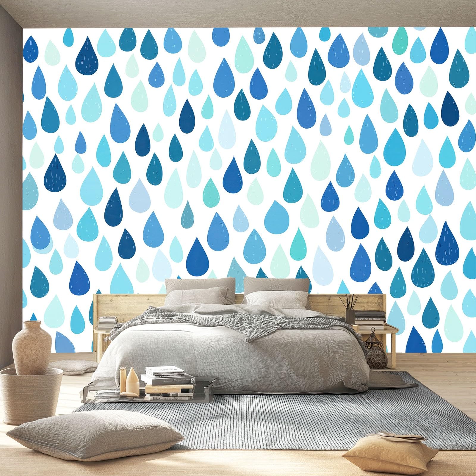 Minimalistyczny geometryczny mural ścienny z włókniny do sypialni, przy łóżku i przedpokoju, ściana akcentująca, 300 x 210 cm, niewklejony efekt 3D, duży plakat z fototapetą, niebieskie krople deszczu