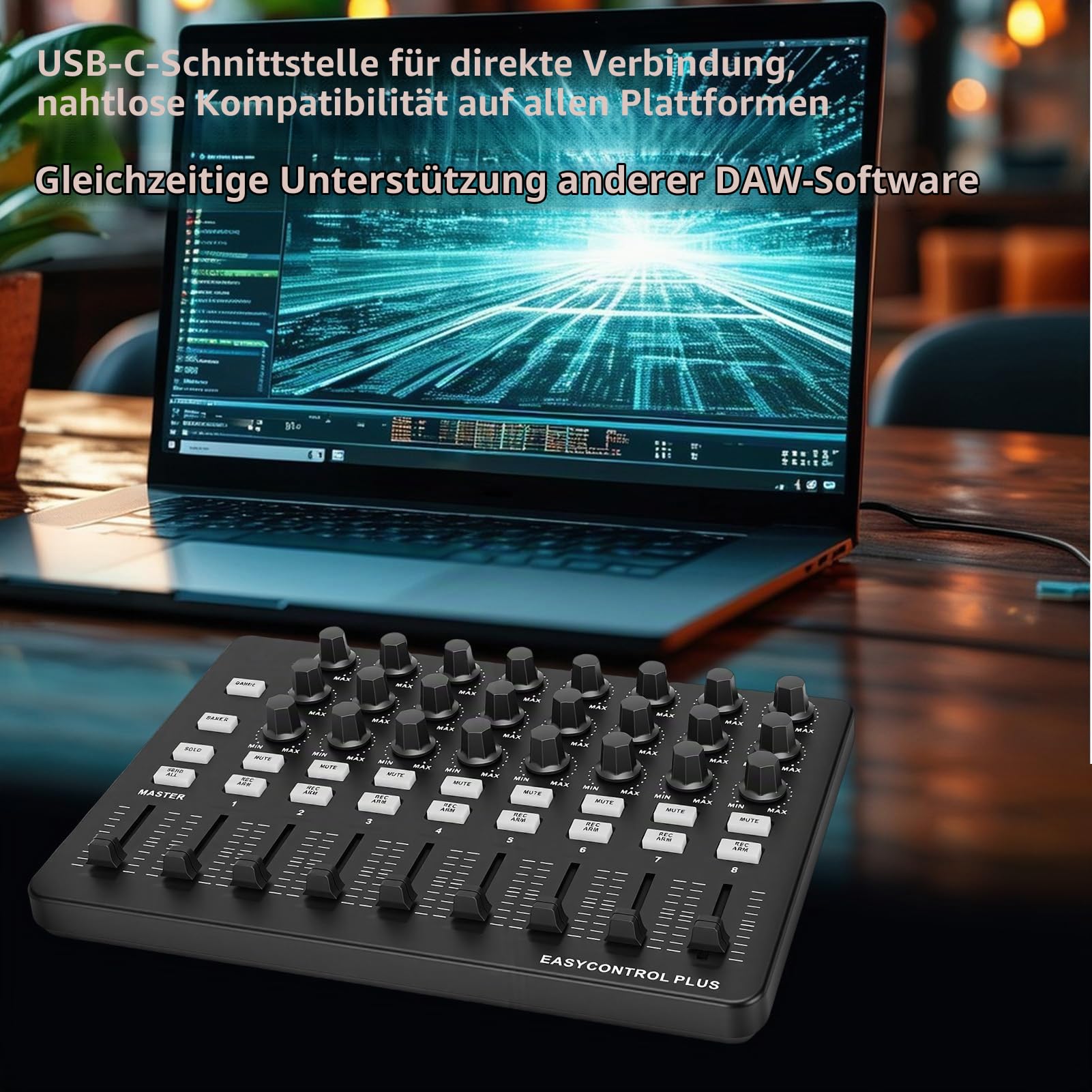 MIDI-Keyboard-Controller, 24 Zuweisbare Knöpfe, 9 Fader, 18 Programmierbare Tasten mit One-Tap-Synchronisierung für Musikproduktion, Aufnahmestudio