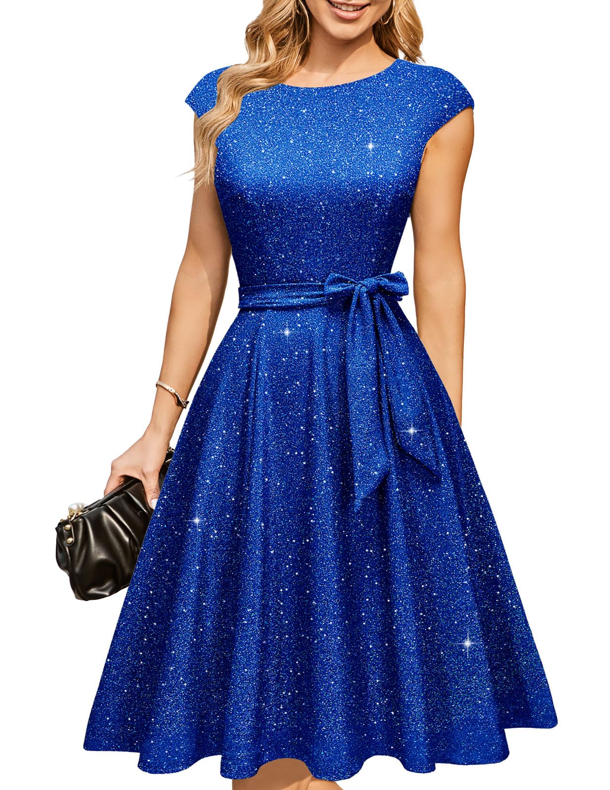 DRESSTELLS Abiti da cocktail Abito da sposa modesto Abito casual autunnale 2023, ritorno a casa e ballo di fine anno, Glitter_royalblue, XX-Large