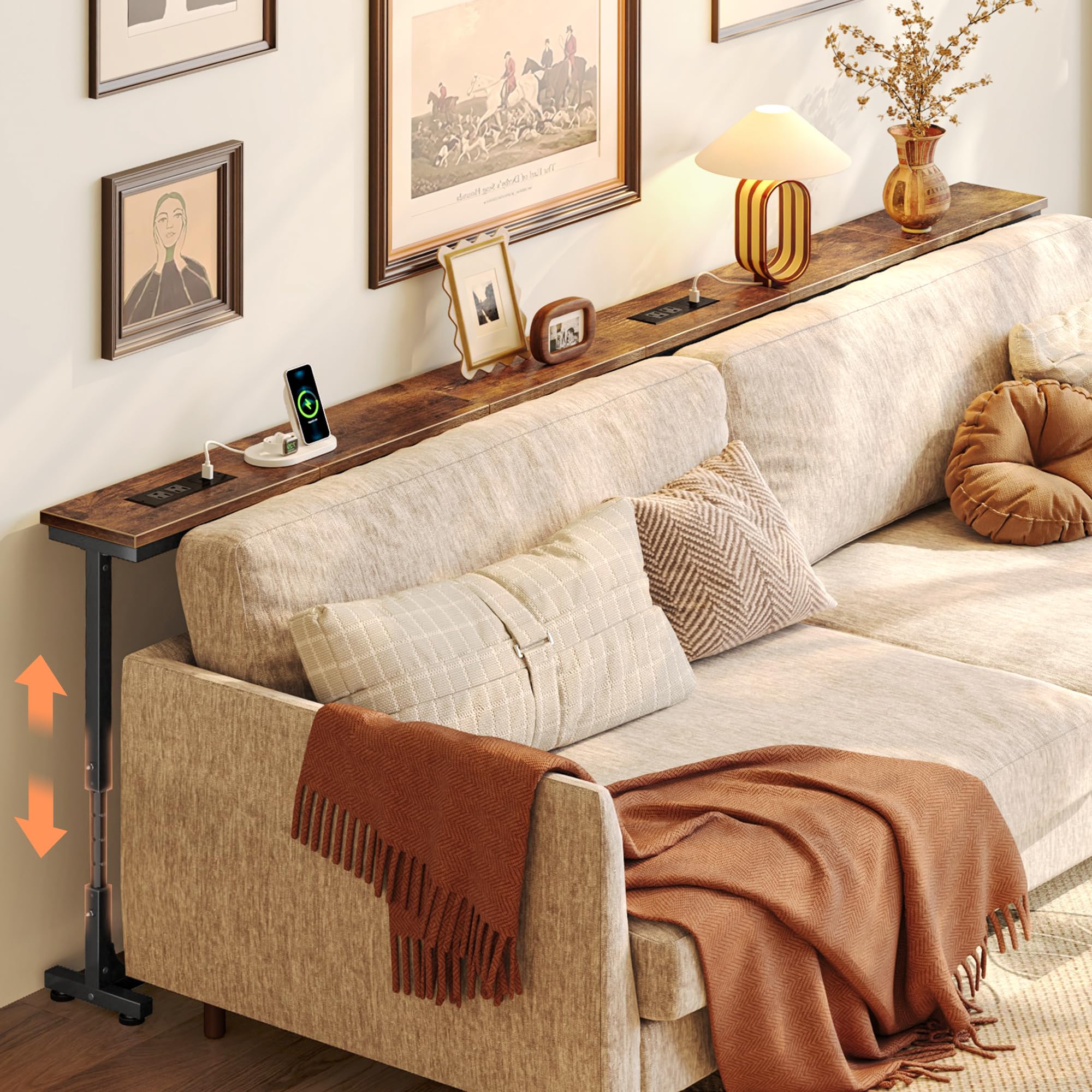 Photo 1 of Huuger 78.7 Inch Height Adjustable Behind Couch Table with Power Outlets, 23.9’’-34.4’’ Range, Sofa Tables Narrow Long with USB-C Ports, Skinny Console Table, for Small Spaces, Rustic Brown