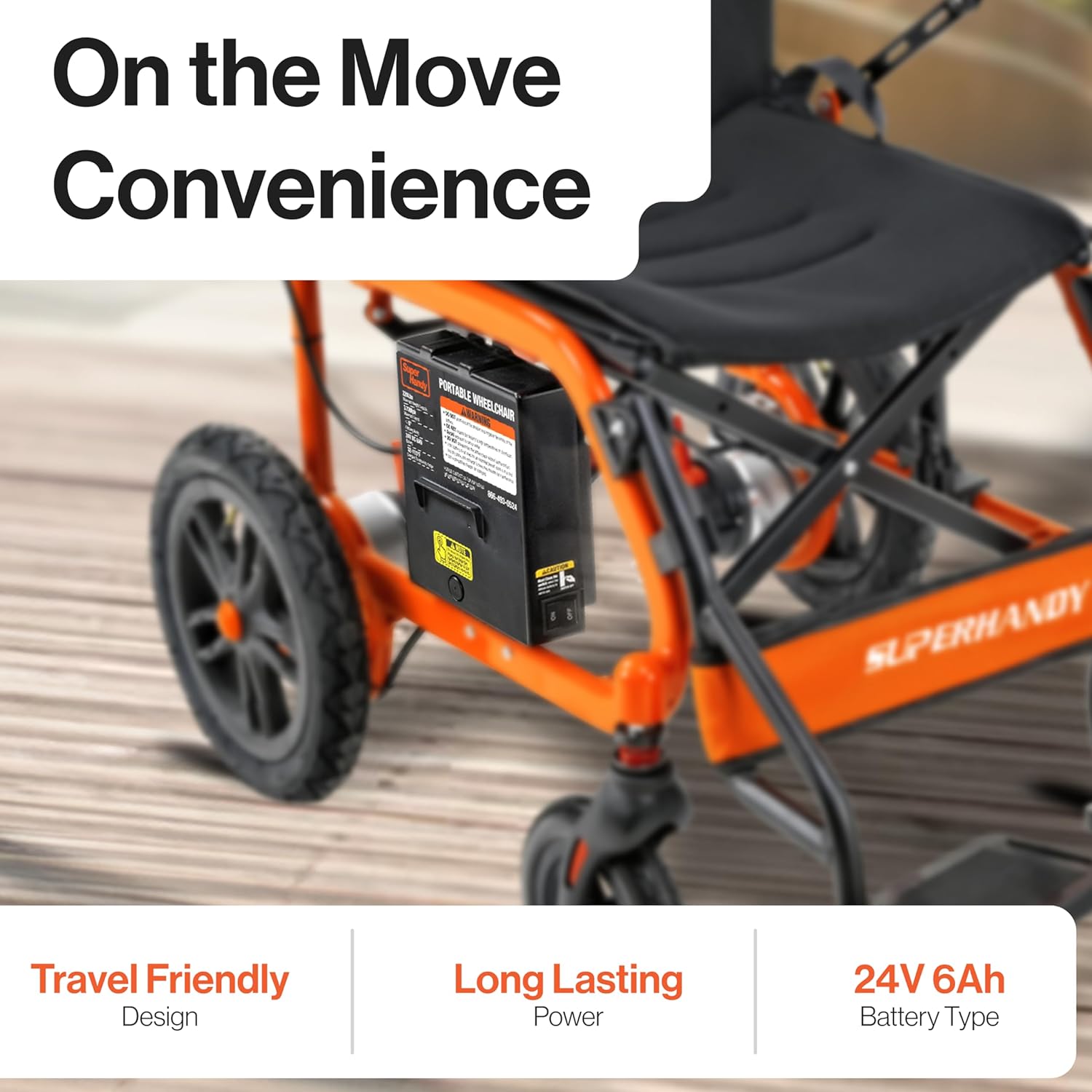 Diagram showing the easy installation process of the SuperHandy 24V 6Ah Lithium Wheelchair Replacement Battery.