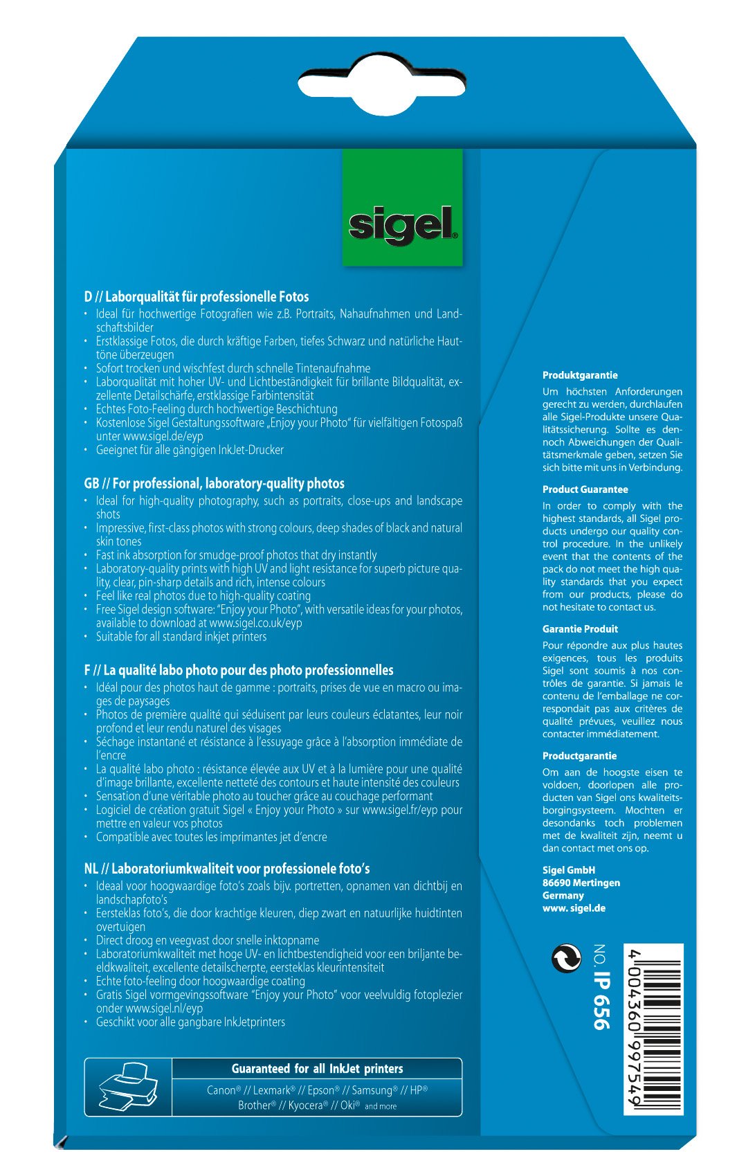 SIGEL IP656 InkJet-Fotopapier Ultra, 10x15 cm, 60 + 12 Blatt gratis, hochglänzend, extrem lichtbeständig, 260 g, für hochwertige Fotografien