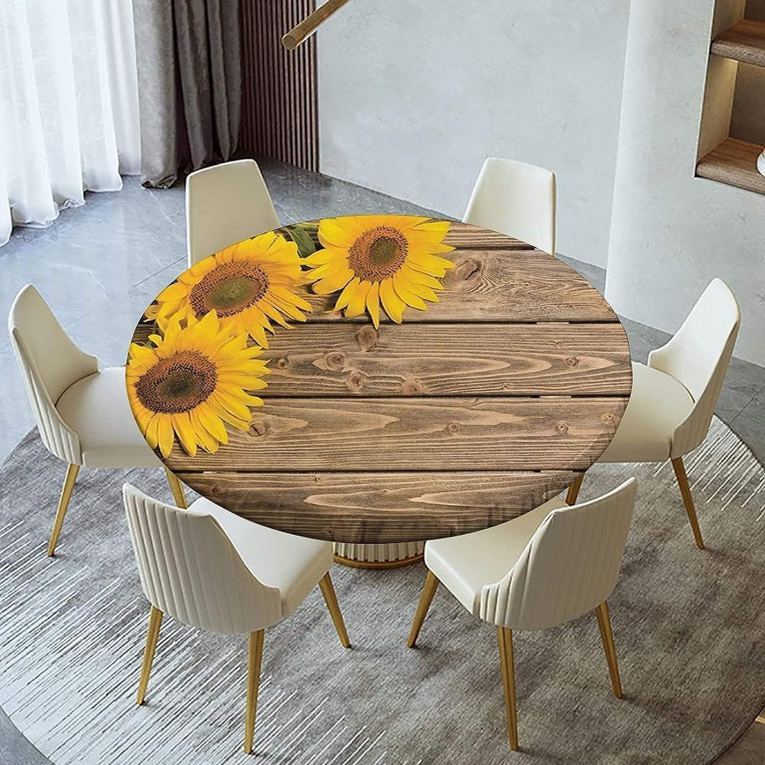 igoga sports Sunflower Fitted Tablecloth Round, Wood Grain Farmhouse Style Elastic Edge Table Cover, Polyester Table Pad Cloth for Indoor Outdoor Party Dinner Patio Decor Fits Tables Up to 24''