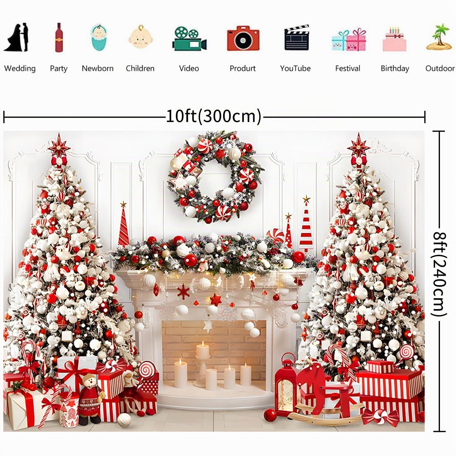 3x2.4m Toile de Fond Noël Photo de Noël Cheminée Blanc Rouge Arbre de Noël Fond Photographique Famille Enfants Hiver Vacances Noël Nouvel an Décorations Fête Bannière Photo Booth Props