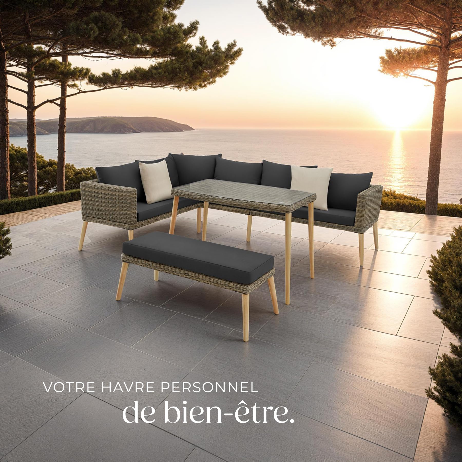 tectake® Ensemble Salon de Jardin Exterieur en Poly Rotin et Aluminium, 4 Places 1 Canapé 1 Banquette Jardin et 1 Table de Jardin, Facile d'entretien, Mobilier pour Amenagement Balcon Terrasse Veranda