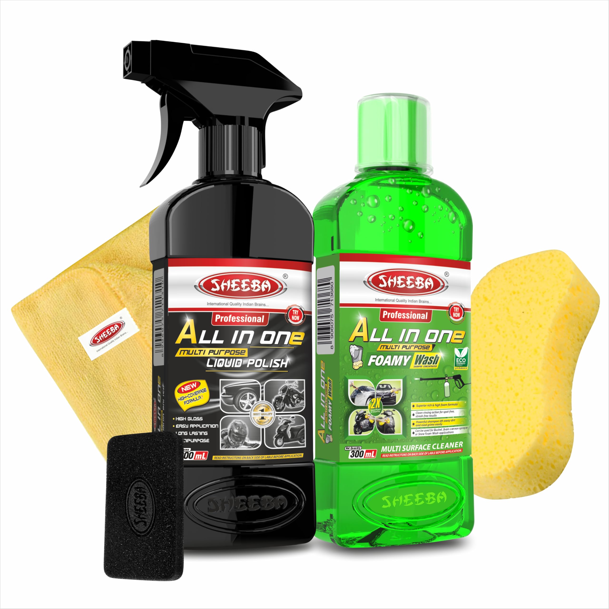 SHEEBA All in One Multipurpose Polish with Foamy Wash Shampoo for Car, Motorbike, Scooter Care with Microfiber Towel, Heavy Duty Washing Pad and Foam Applicator-500mL Combo.