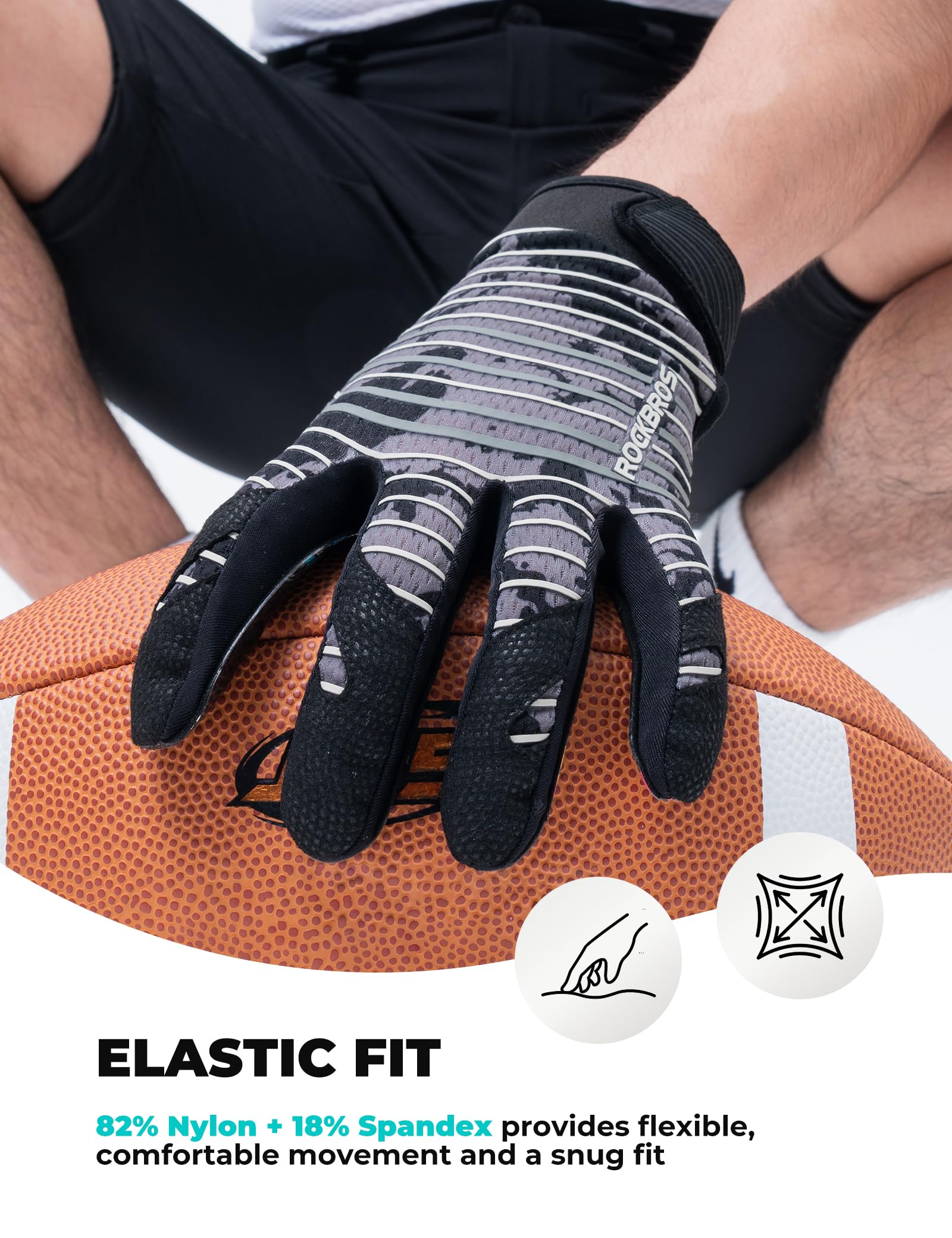 ROCKBROS Gants de Receveur Football Américain Unisexes Respirants, Gants Gardien Foot Adulte Paume PU Antidérapante Maintien Réglable