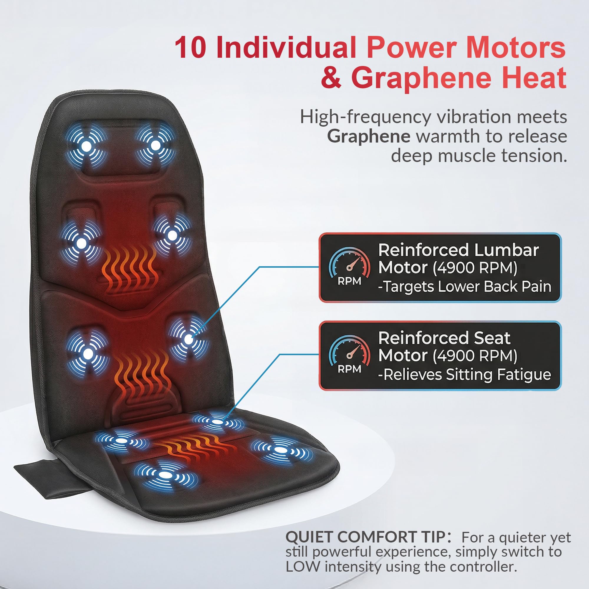 COMFIER Asiento de Masaje Espalda Eléctrico con 10 Motores Vibrantes, Almohadilla Térmica de 2 Terapias con Apagado Automático, Almohadilla de Masaje Calentado para el Alivio del Dolor de Espalda