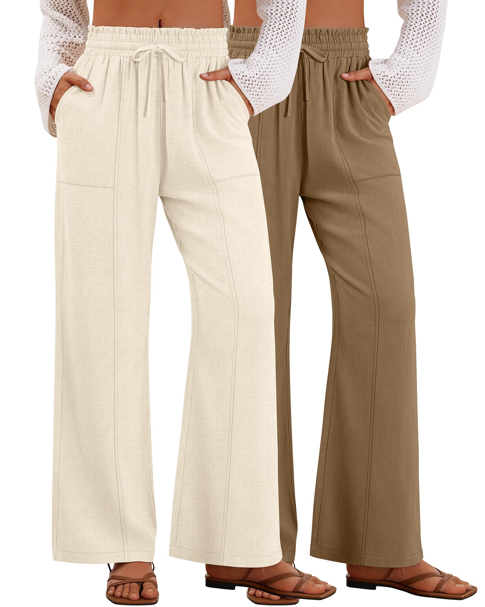 Xaatren 2 Pack Women's Linen Pants Summer Wide Leg Drawstring Elastic Waist Pant Casual Loose Fit Beach Trousers with Pockets