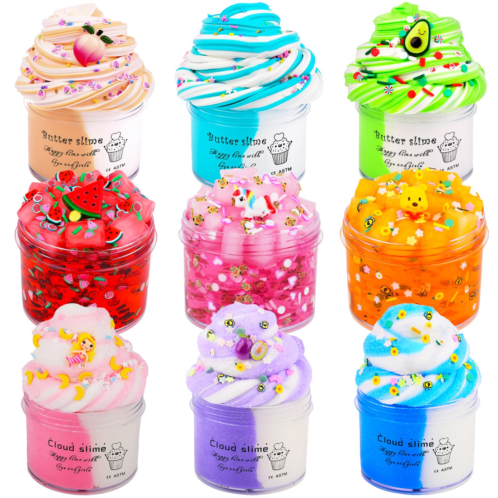 Slime Kit 9 Pack - 3 Jelly Cube Crunchy, 3 Cloud, 3 Butter - Soft Stretchy Clear Crunchy for Stress Relief, Party Favors, Birthday Gift - Toy for Girls Boys
