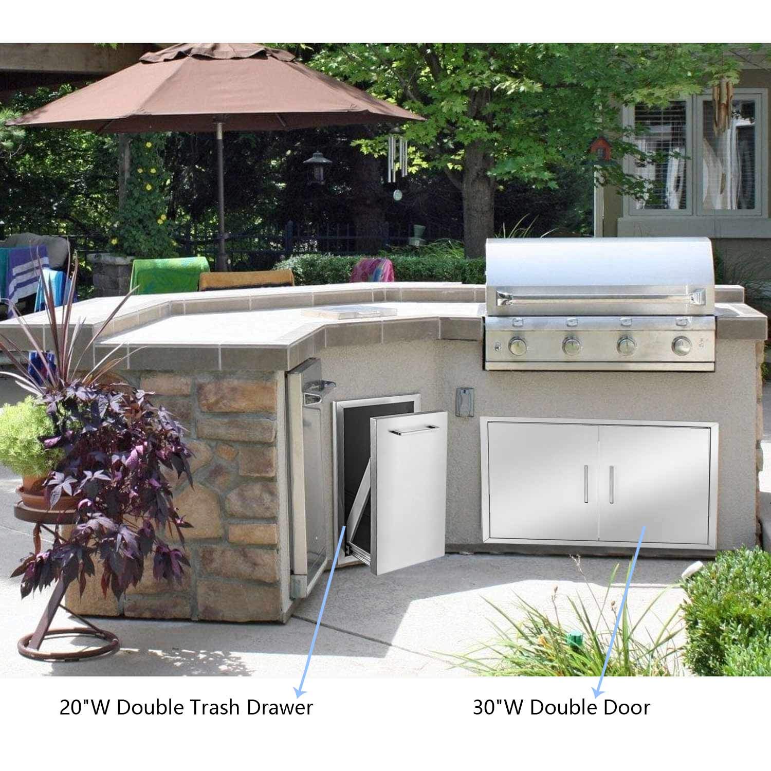 20" W x 27" H x 24" D Pull-Out Double Drawer Stainless Steel Outdoor Kitchen Trash Drawer Storage for Two 10 Gallon Commercial Wastebaskets