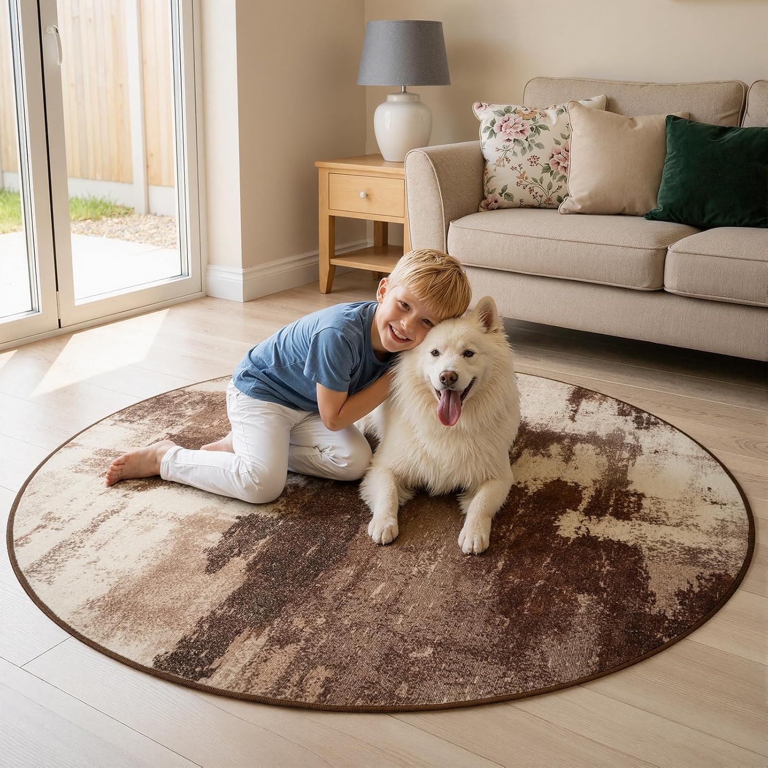 Merelax 4ft Round Brown Abstract Area Rug, Washable Non Slip Circle Rug for Entryway, Kitchen, Bedroom, Bathroom, Nursery, Living Room, Thin Soft Circular Rugs Indoor Décor, Low Pile Carpet, Coffee