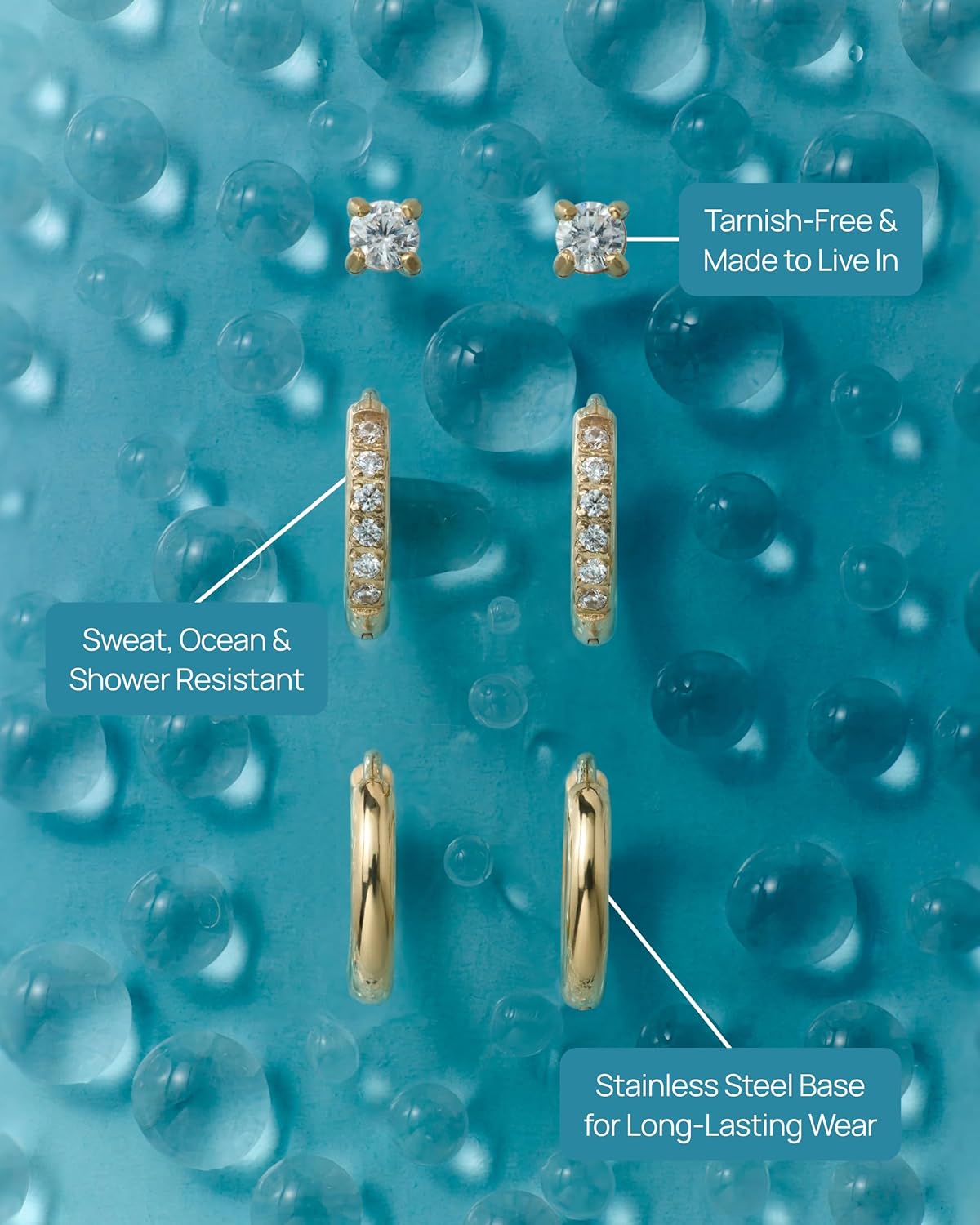 PAVOI Waterproof Huggie Hoop Earrings Set for Women - Stainless Steel Pack of 3 with Cubic Zirconia - Huggie Hoops, Stud & Luxe Styles - Trendy Fashion Piercing Jewelry