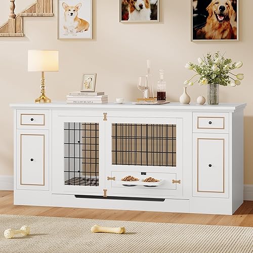 YITAHOME Mueble grande de 65 pulgadas para perros con 2 alimentadores, perrera resistente con almacenamiento para perros pequeñosmedianos, muebles