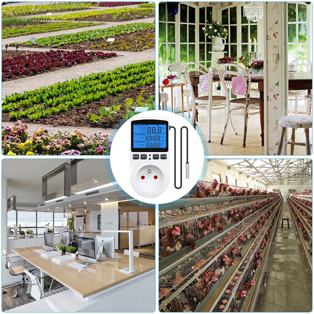 Thermostat Prise 220V pour Terrarium, avec Sonde, Régulateur de Température Numérique pour Chauffage et Refroidissement (Lumière Bleue)