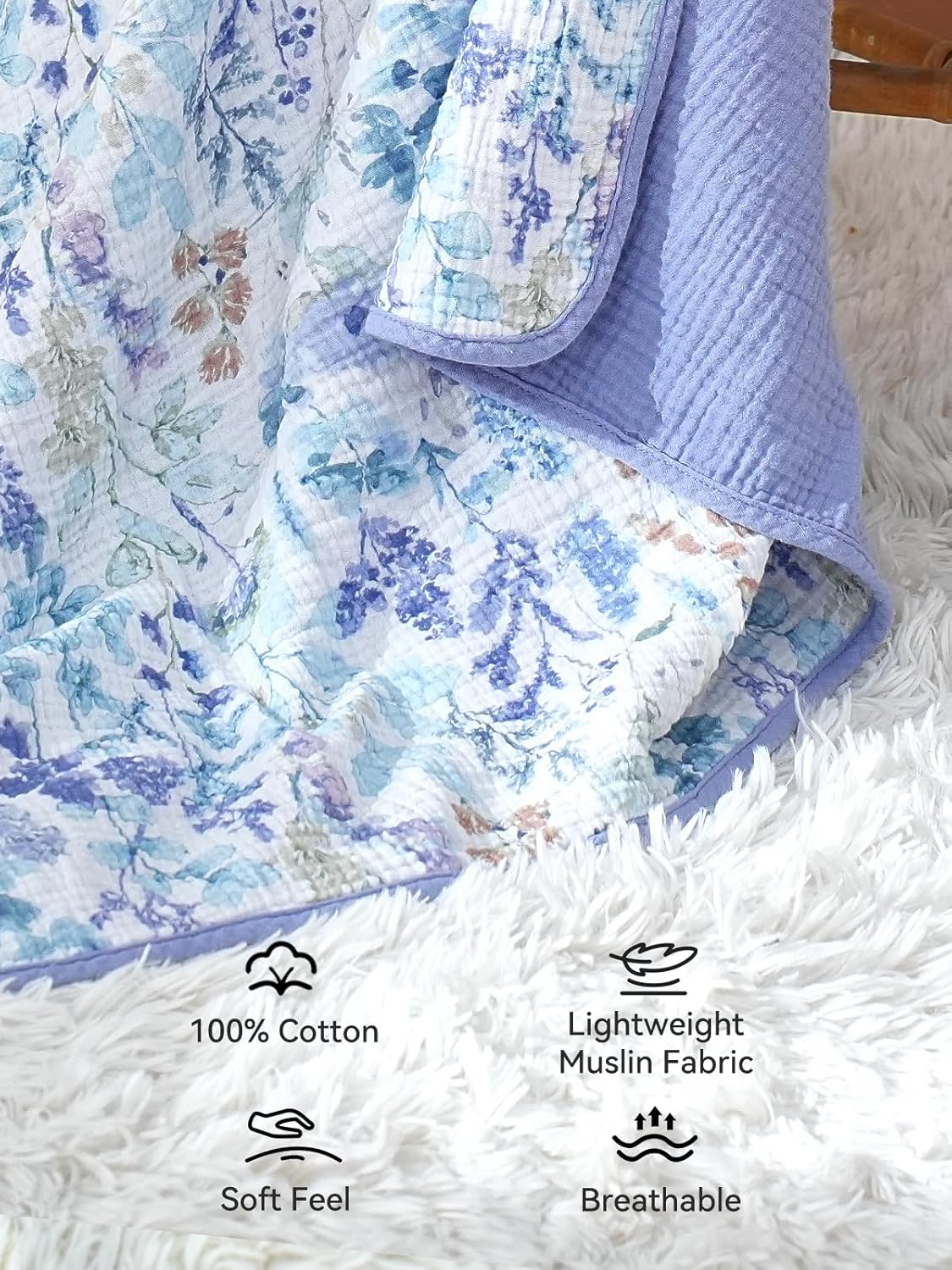 TILLYOU Muslin Baby Blankets for Girls Boys, Cotton Baby Blankets, Soft Breathable and Lightweight 40"X40", Blue Flower - Image 3