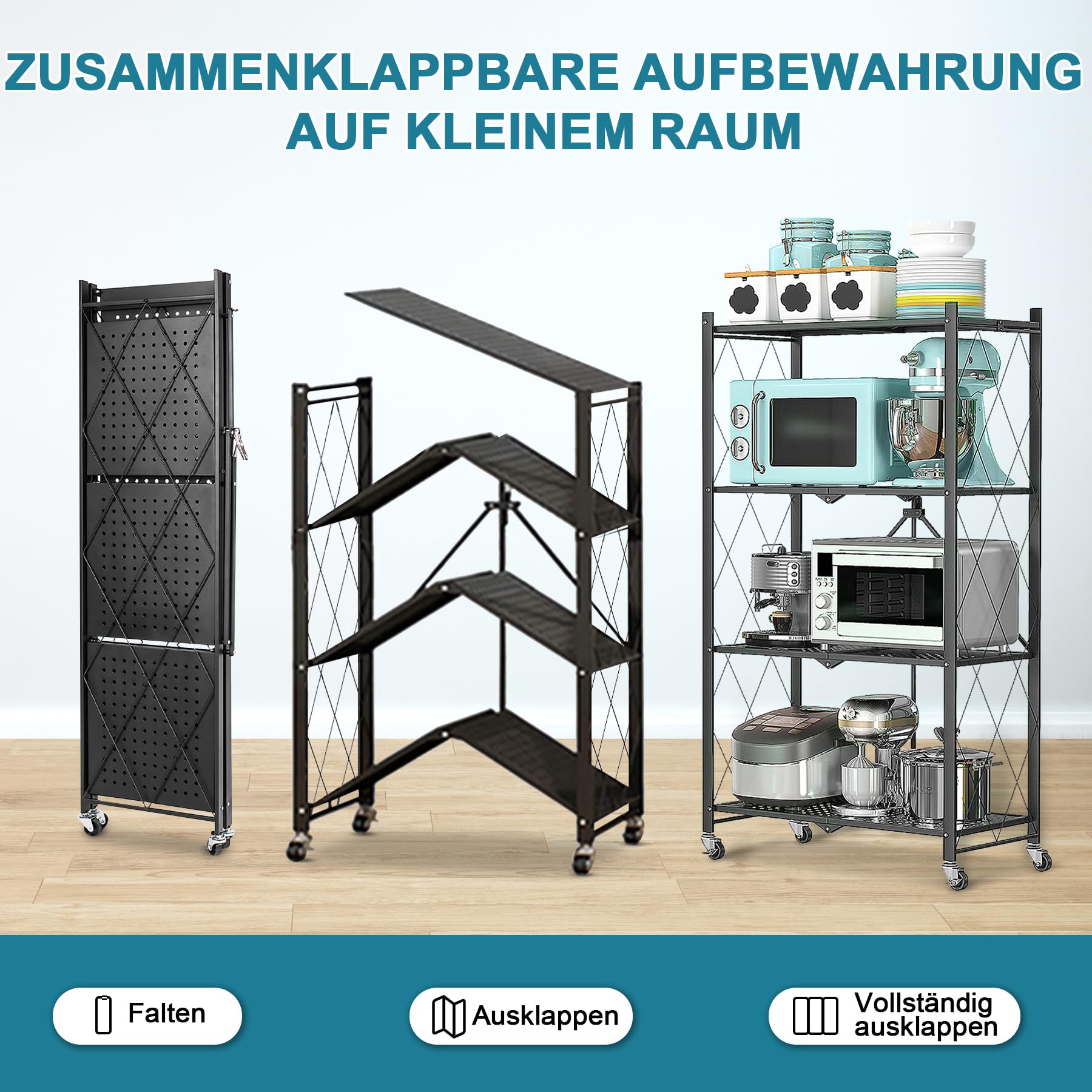 Klappbares Regal mit Rollen Küchenregal stehend 4 Etagen Standregal Metallregal Schwarz 71x34x121cm Klappbares Regal Lagerregal für die Küche Büro Wohnzimmer 1 Set