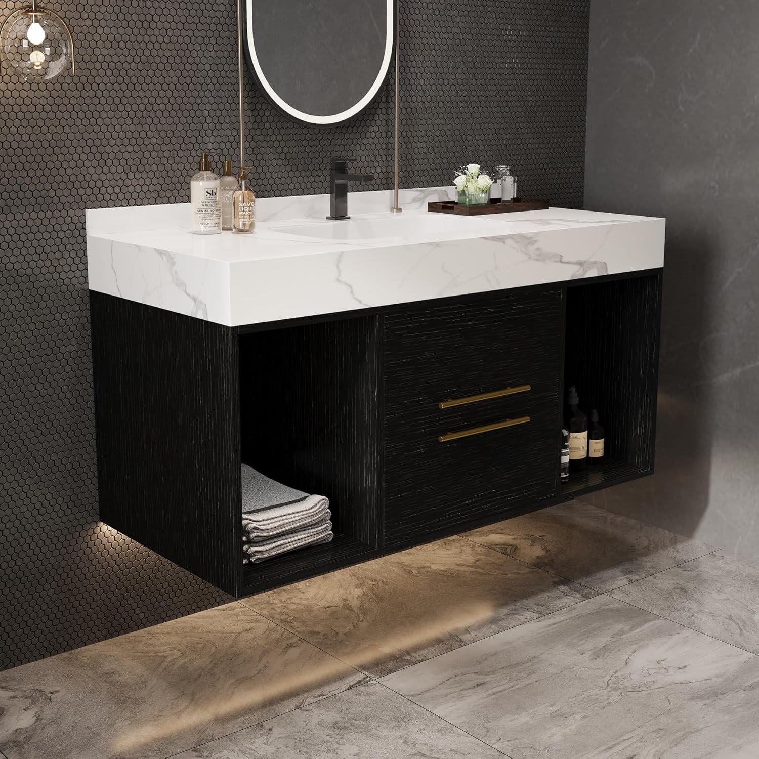 39.4" Bathroom Vanities with Ceramic Sink,Floating Bathroom Vanity,Wall Mounted Storage Cabinet with 2 Drawers and 2 Storage Spaces,Modern Bathroom Sink Cabinet with Metal Handles (Black)