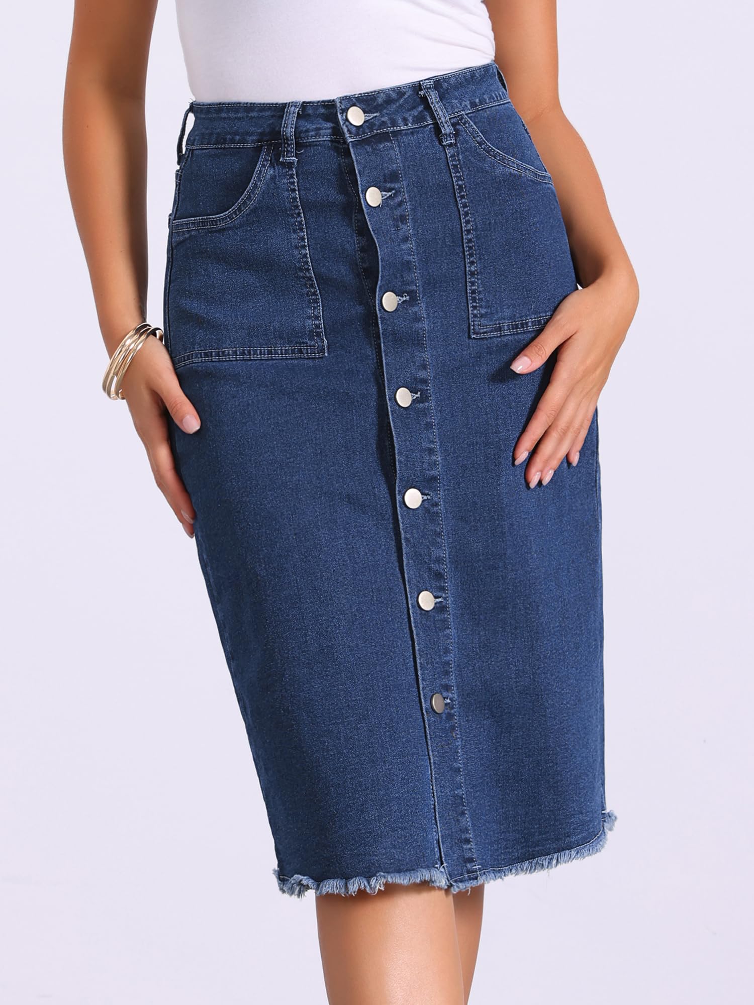 Allegra K Femme Jupe Jean Midi Taille Haute avec Poches | Boutonnée devant Ourlet Effiloché Silhouette Polyvalente pour le Quotidien Sorties Plage Week End
