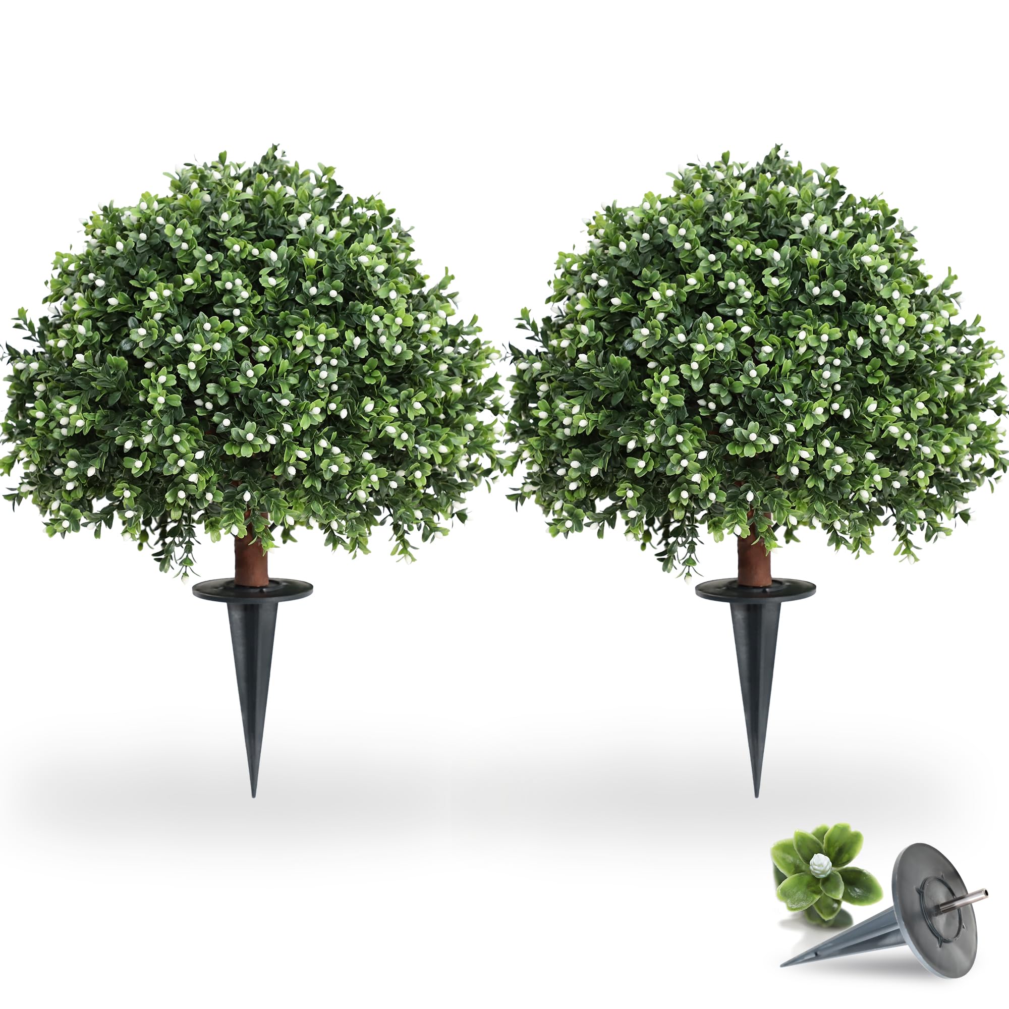 momoplant Two H24 - W 16" Boxwood Cone White-Fruit Artificial UV Rated Cypress Topiary Soil Insertion w/Spike, Silk Tree Warehouse Indoor/Outdoor Tree