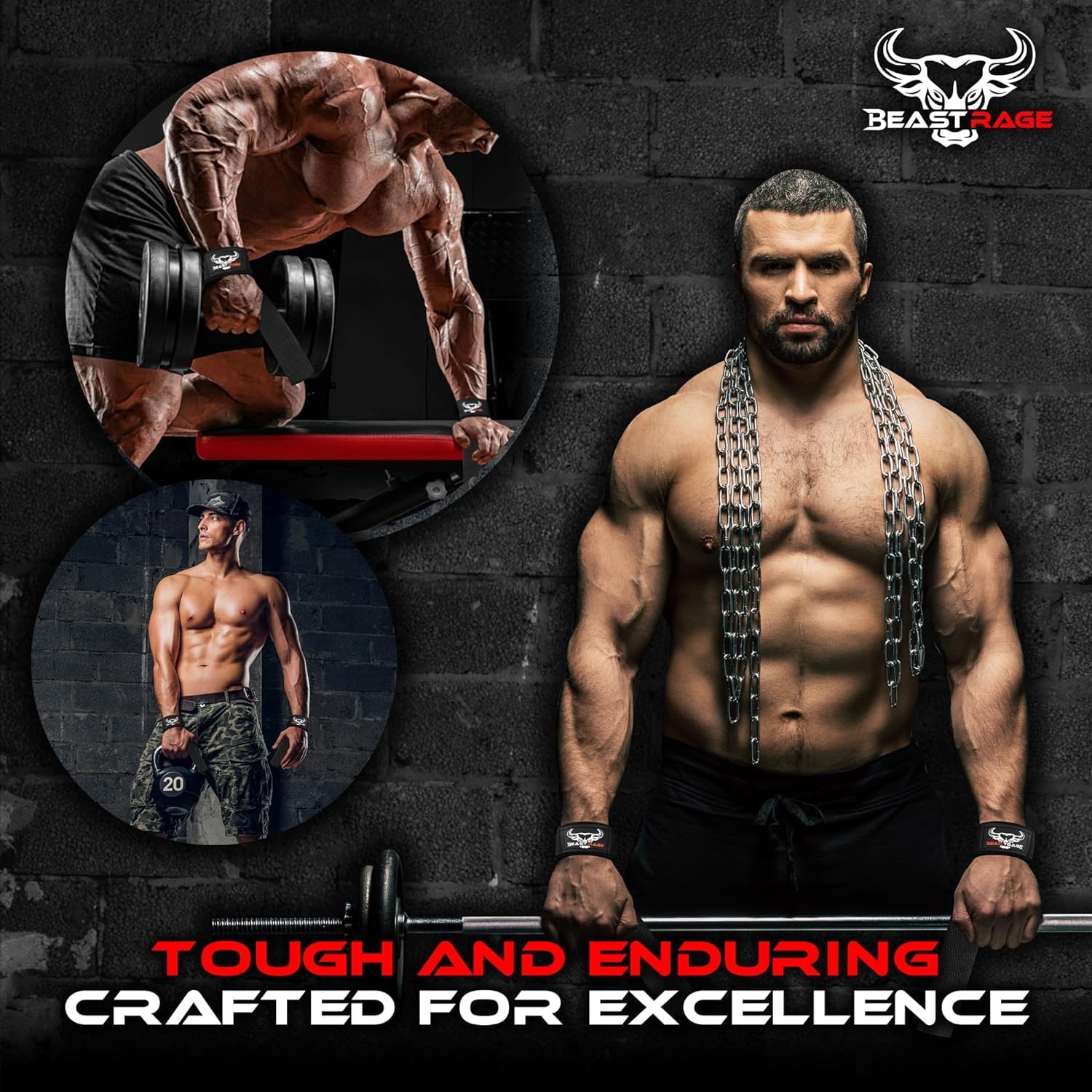 BEAST RAGE Straps Palestra Cinghie per Sollevamento Pesi Imbottite, Supporto per i Polsi, Cinghie per Fitness e Palestra, con Presa Flessibile Gel Fasce Polsi Accessori