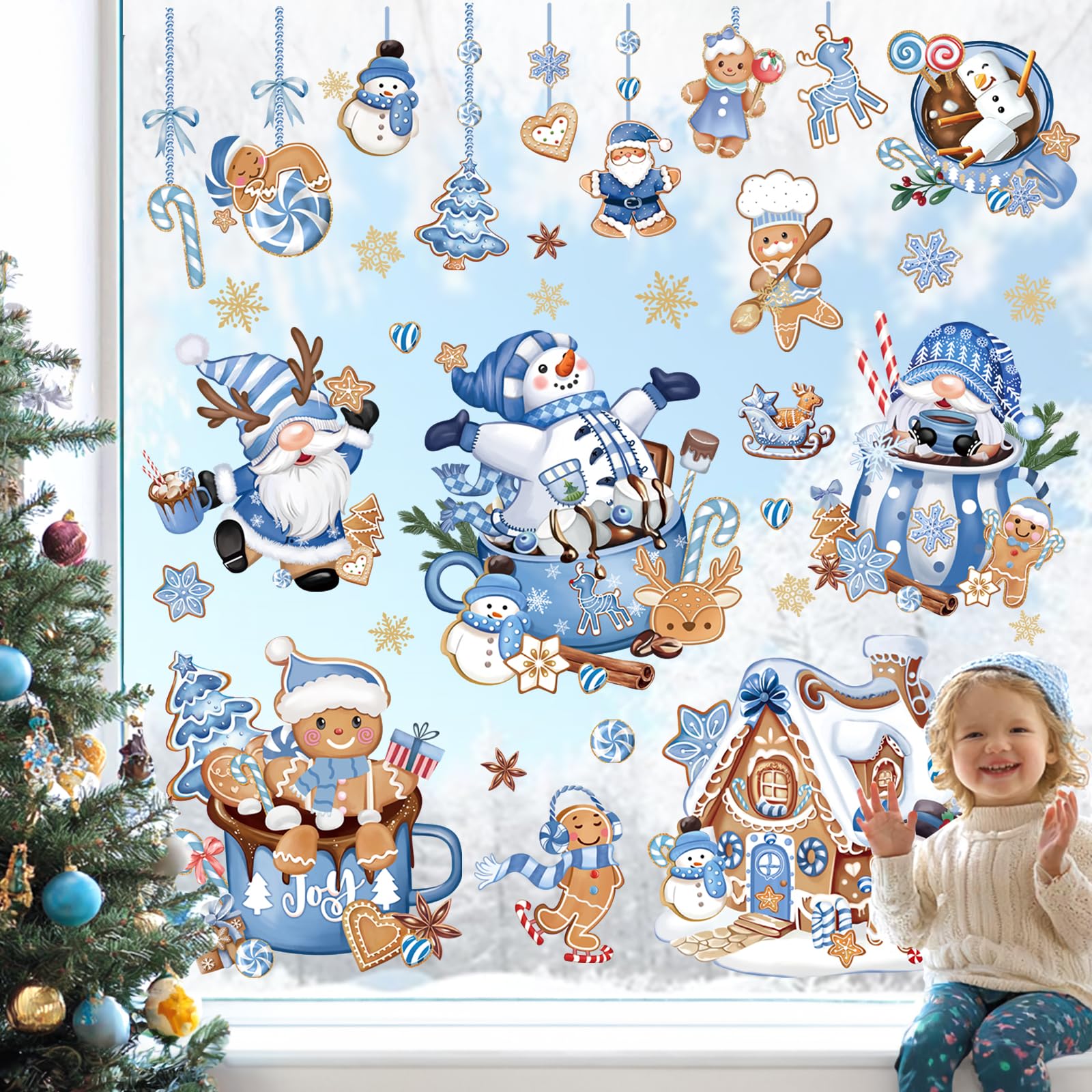 wondever Hot Cocoa Gingerbread Man Window Clings Winter Gnome Snowman Christmas Glass Sticker Decal Anti Collision Double-Side Static Window Decals for Home Xmas Holiday Party - Image 3