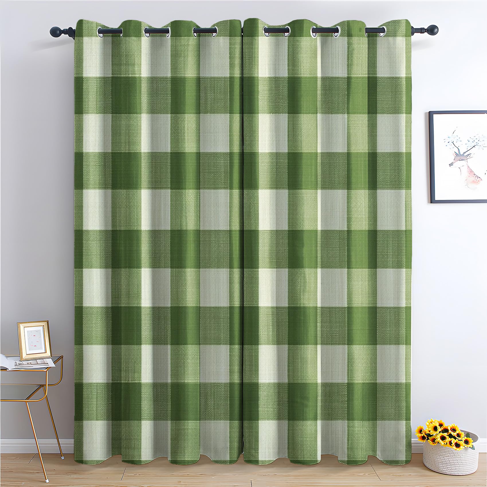 Rideau Occultant Écossais - Décoration Écossais, Rideau Thermique Motif Vert Sauge et Blanc Vichy Carreaux, Lot de 2 Rideaux Opaque à Oeillets pour Fenetre Chambre Salon, 117x137 cm (LxH)