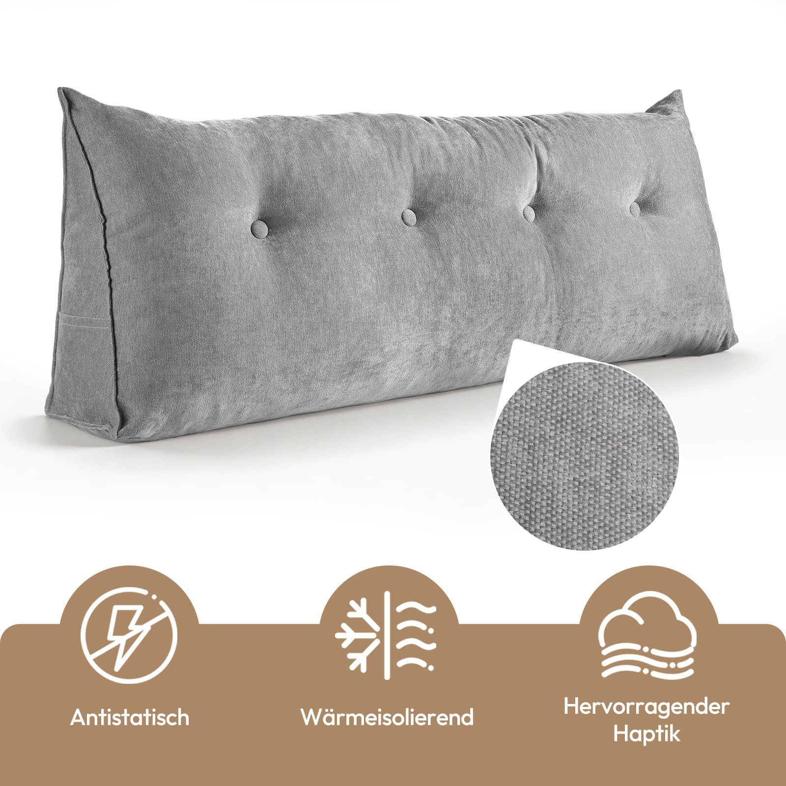 Treeboy Keilkissen Wandkissen Bett Kopfteil Bezug Sofakissen Rückenkissen | Lesekissen Für Bett Und Sofa Matratzenkeil Couchkissen Lumbalstütze Wedge Pillow Mit Seitentasche, Grau, 90 * 50 * 20cm
