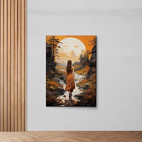 Minimalist Wood Mountain Lake Landscape Panorama Wall Art,Forest Tree Earth Tones,Modern Nature Lake House Wall Art,Boho Wall Decor Hanging, Decor