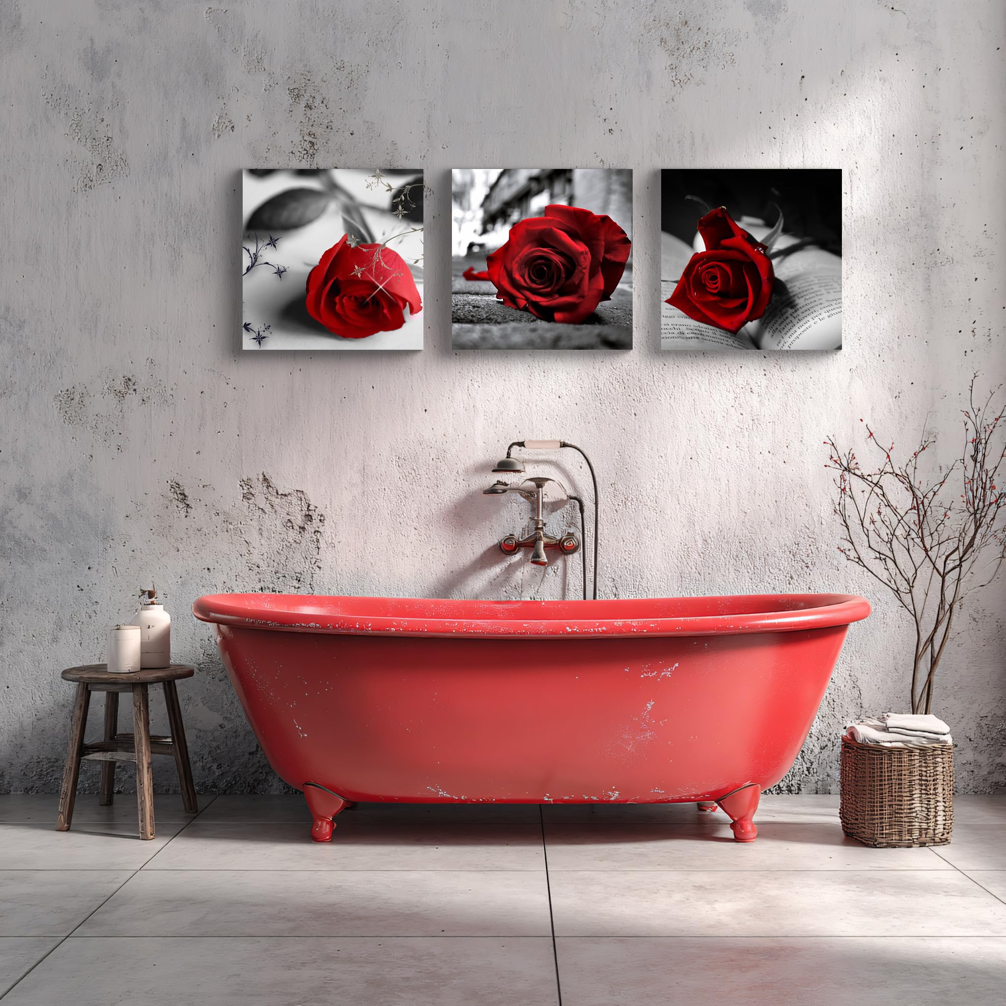 NAN Wind Lienzo impreso en lienzo de 3 piezas en blanco y negro, rojo, rosa, para decoración del hogar, estirado y enmarcado (16 x 16 x 3 unidades, A-Rose)