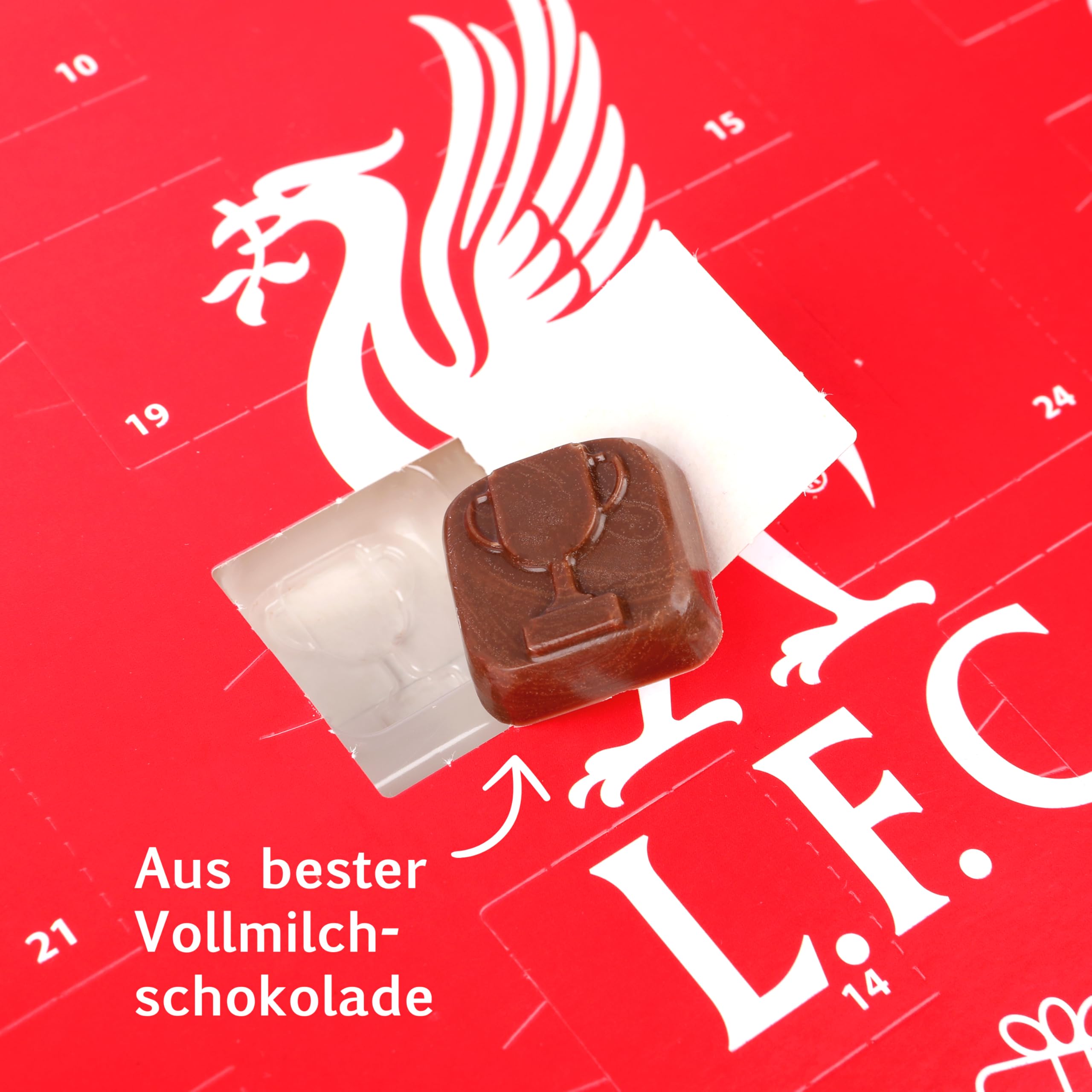 Gunz Liverpool FC Calendrier de l'Avent au motif de football Fairtrade Chocolat – Calendrier de Noël avec 24 surprises au chocolat (120 g) + carte postale à l'arrière – Cadeau de l'Avent pour les