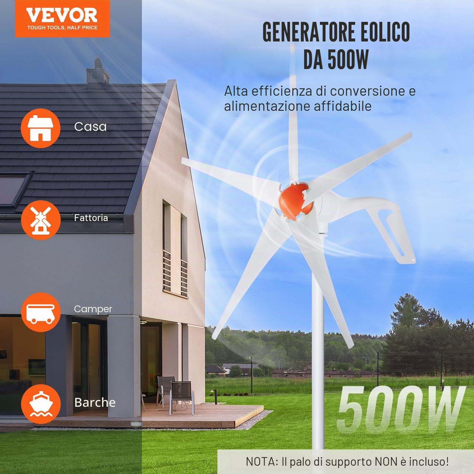VEVOR Generatore Eolico 500 W, Direzione Regolabile Velocità del Vento Iniziale 2,5 m/s Adatto per Casa Fattoria Camper Barche, Kit Turbina Eolica 12 V Generatore Eolico 5 Pale con Controllo