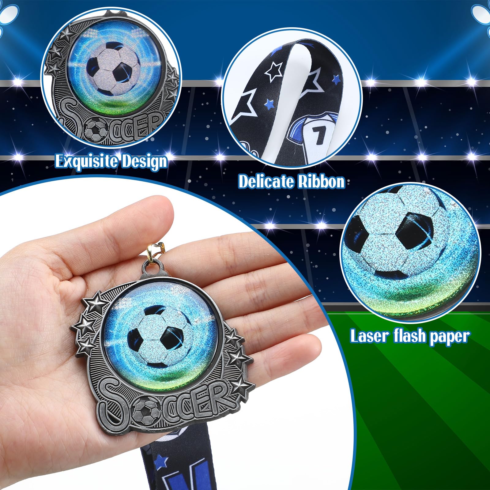Seenelling Medals Trophy Silver Metal Sport Ball Award Medals with Ribbon for Participation Sports Themed Party Favors